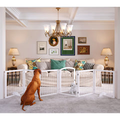 JSB dog gate assembly view shows sturdy freestanding panels for quick setup