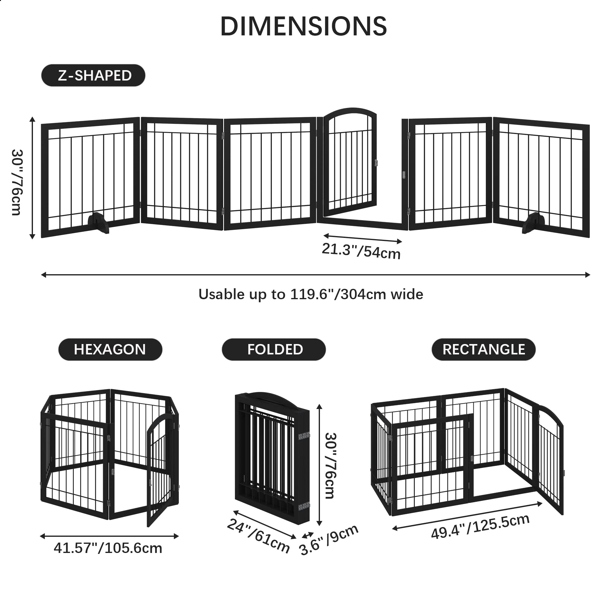 JSB dog gate open dimensions show 144W by 30H for full-room coverage