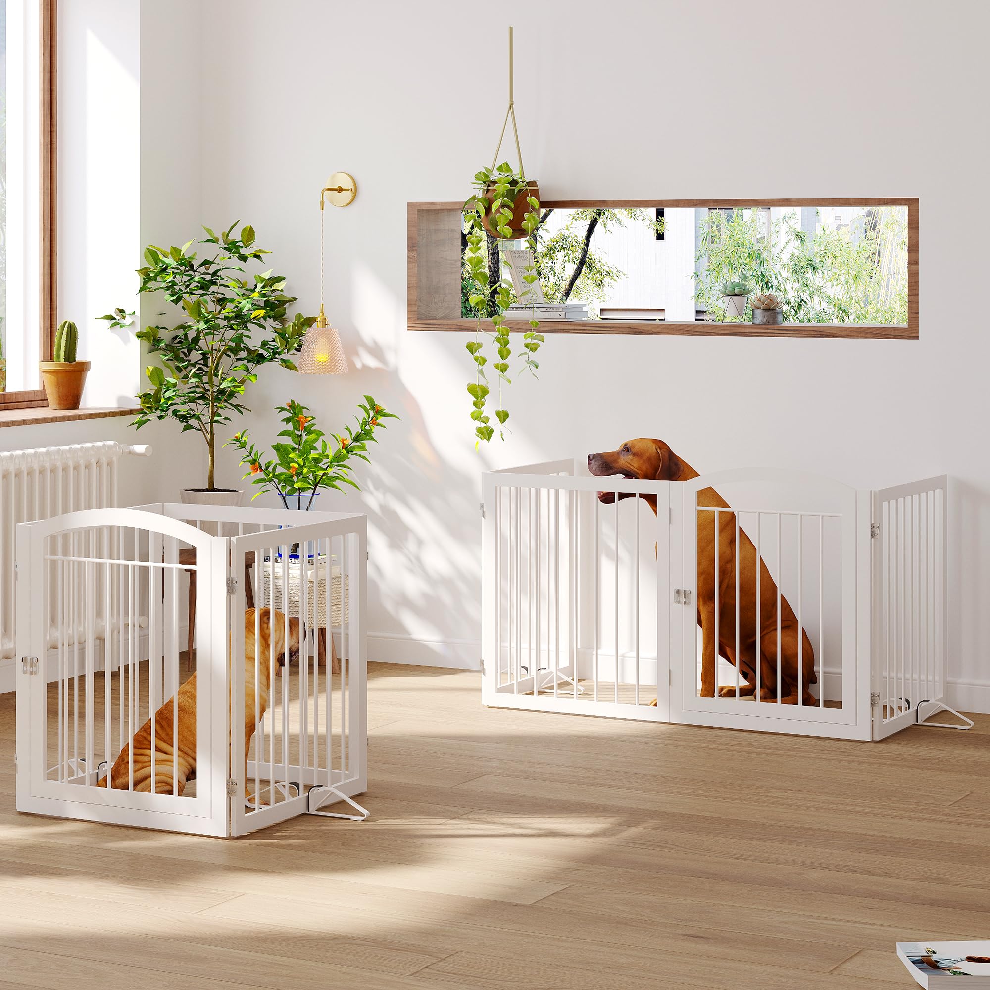 JSB dog gate open and collapsed dimensions show spacing options.