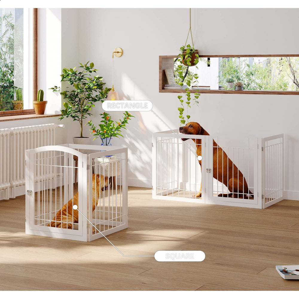 JSB freestanding pet gate in white placed in a hallway for safety