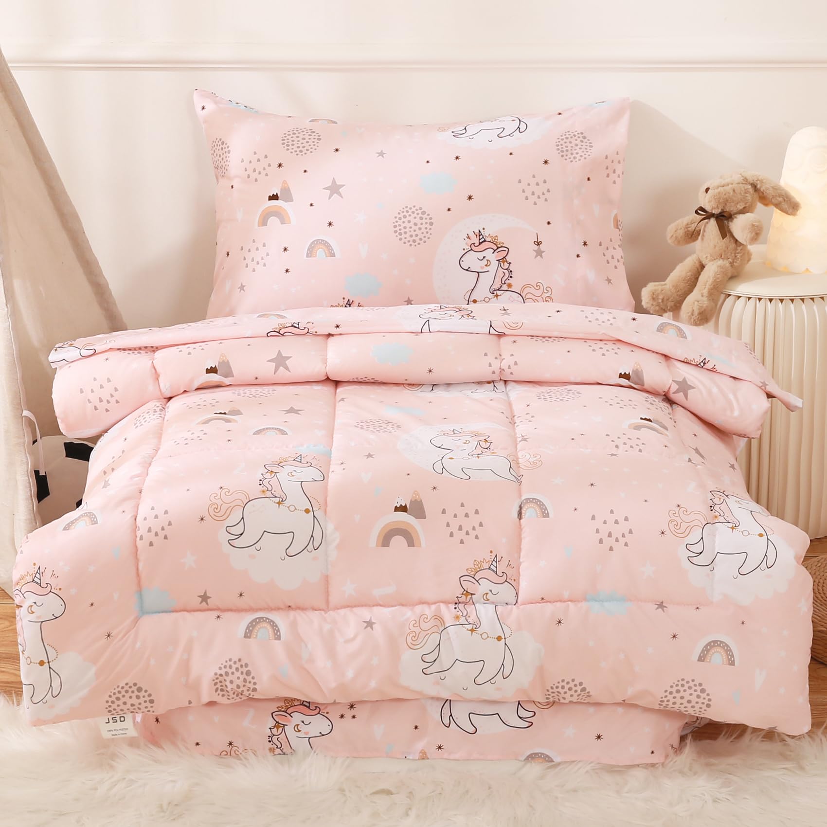 JSD Pink Unicorn toddler bedding set comforter offers cozy warmth for all-night comfort