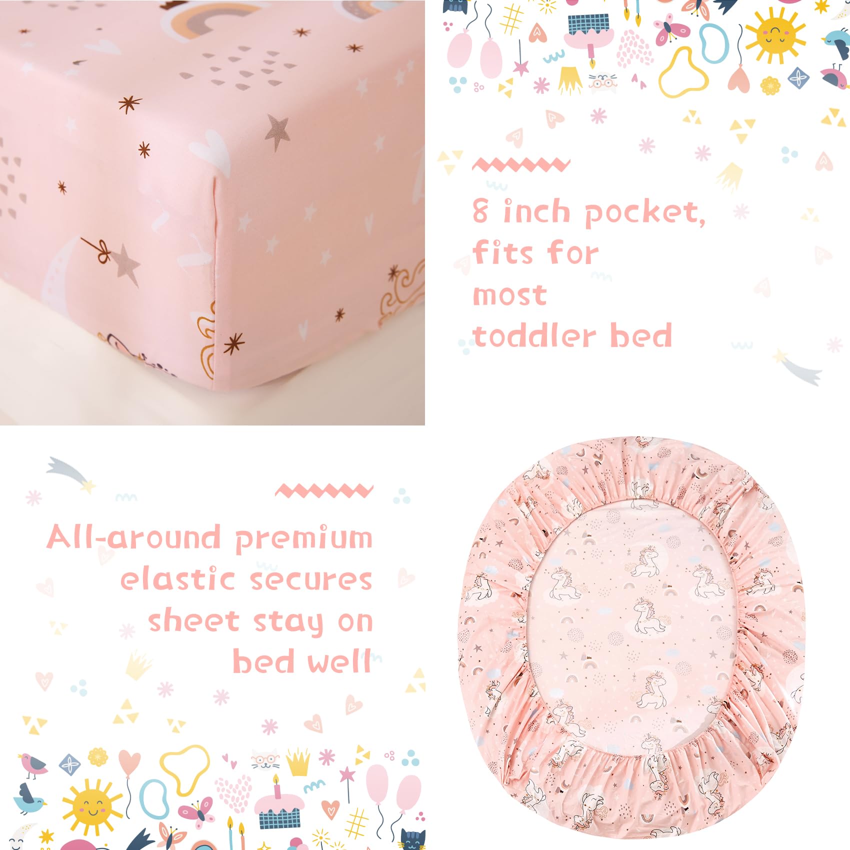 JSD Pink Unicorn fitted sheet with 8-inch pocket elastic to stay secure on a toddler bed