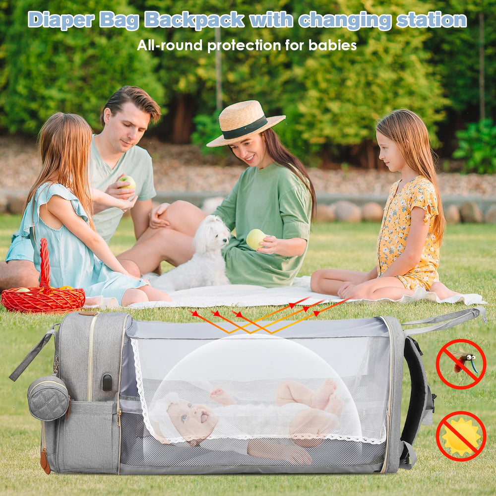 JSTPRO diaper bag changing-station panel demonstrates portable changing pad outdoors