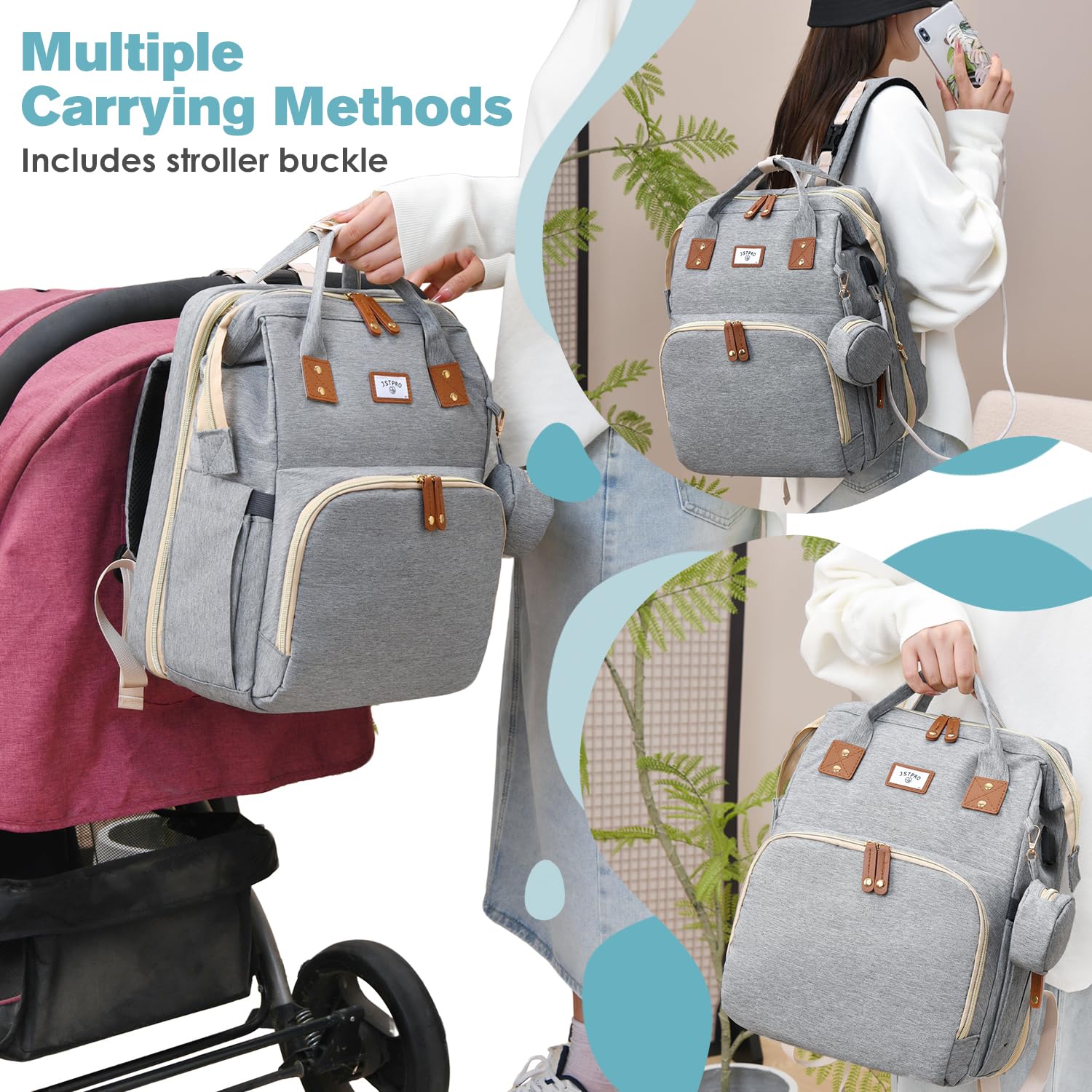 JSTPRO diaper bag backpack grey changing-station with padded surface for quick changes.