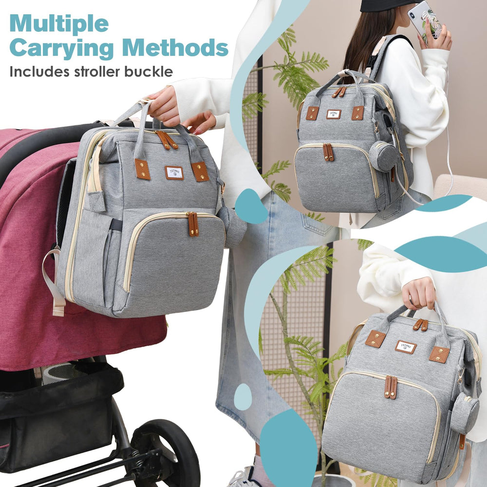 JSTPRO diaper bag backpack grey changing-station with padded surface for quick changes.