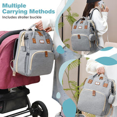 JSTPRO diaper bag backpack grey changing-station with padded surface for quick changes.