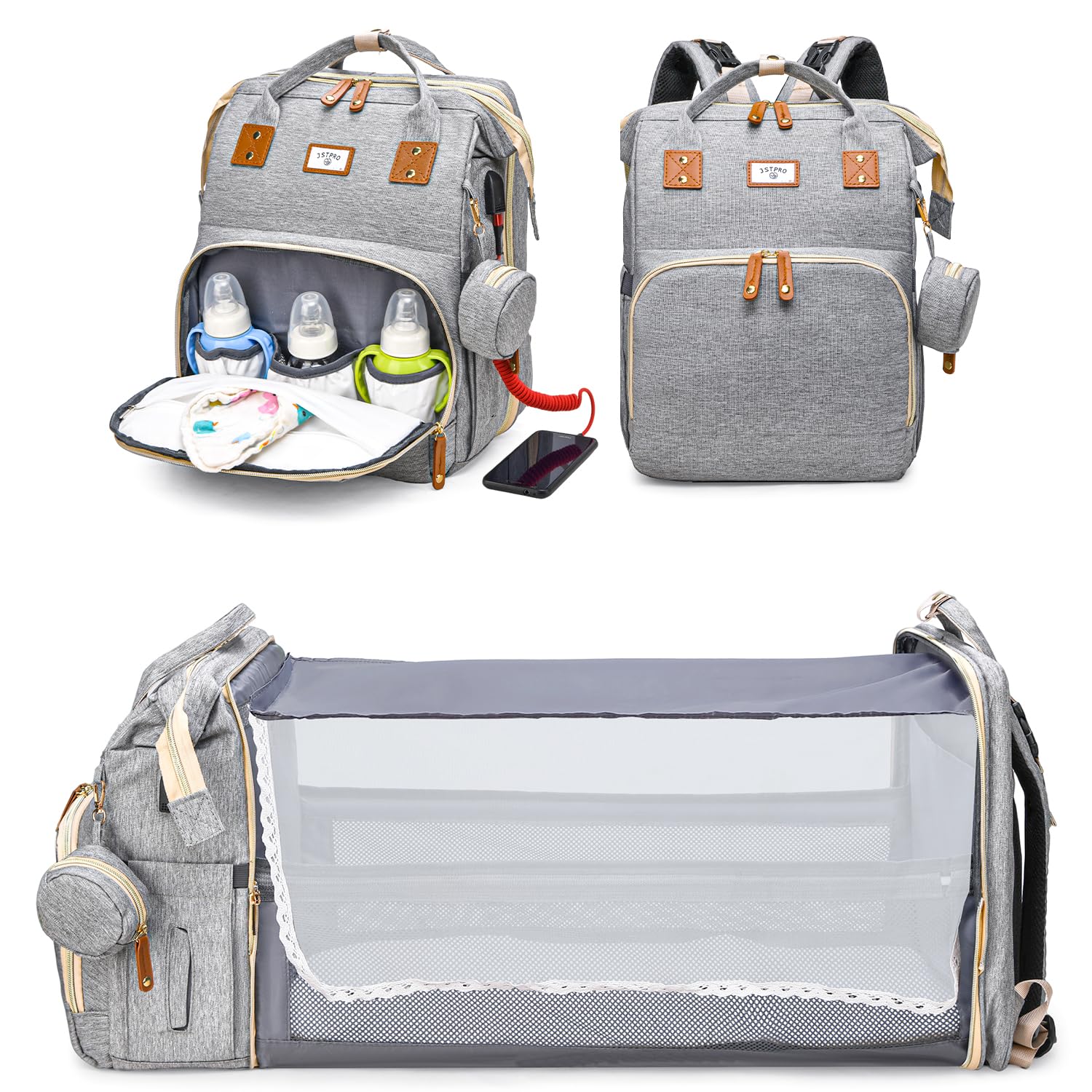 JSTPRO diaper bag backpack grey front view with organized pockets for on-the-go baby care.