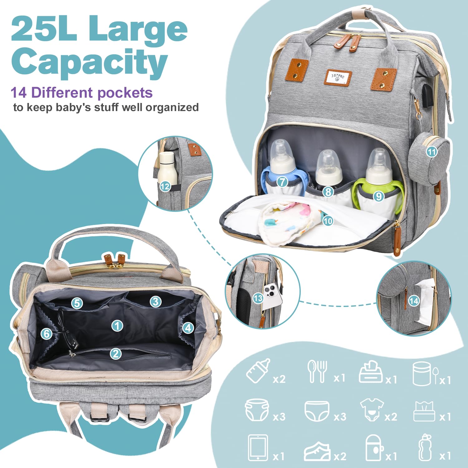 JSTPRO diaper bag backpack grey open view showing multiple pockets for easy packing.