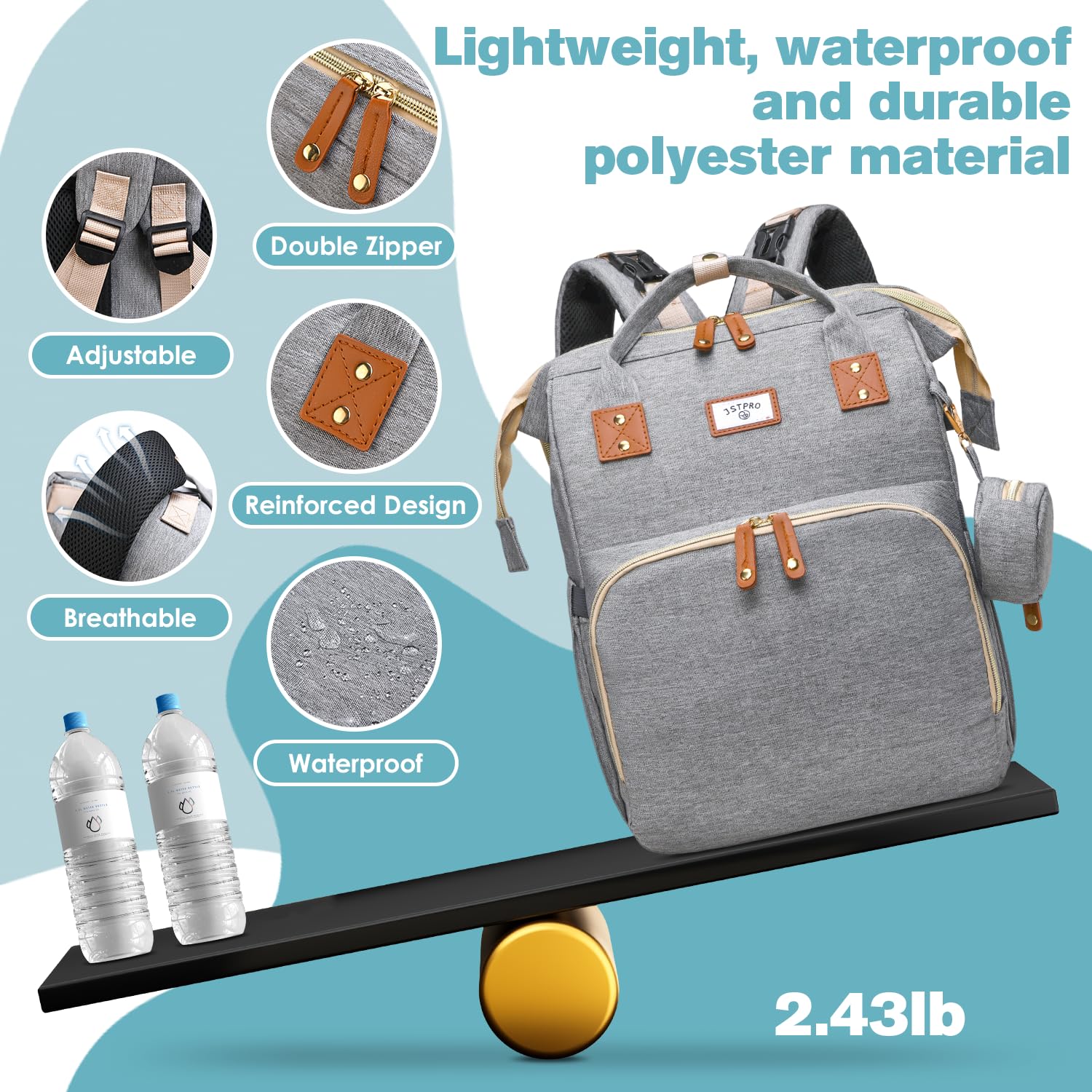 JSTPRO diaper bag backpack grey stroller-strap attachment for hands-free transport.