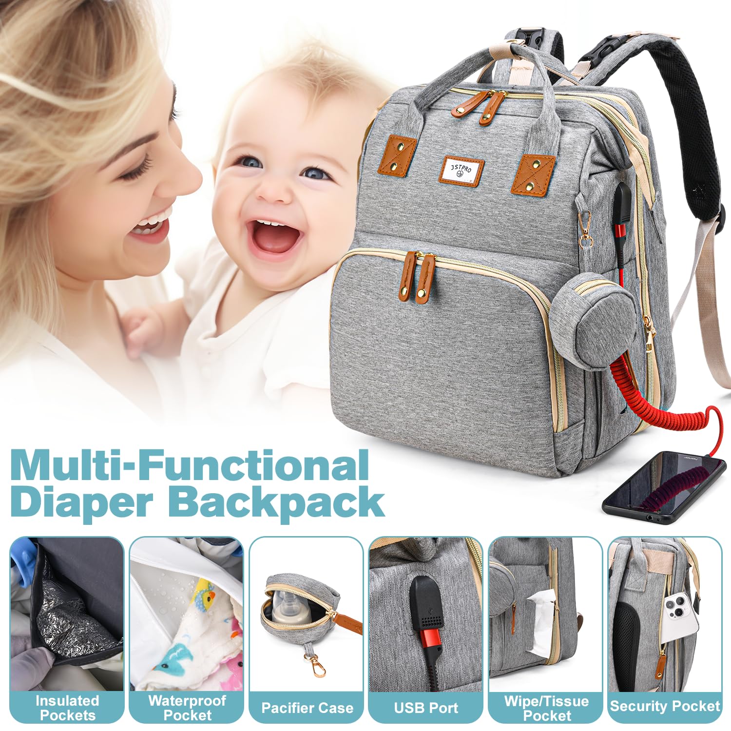 JSTPRO diaper bag backpack grey USB port area enables on-the-go device charging.