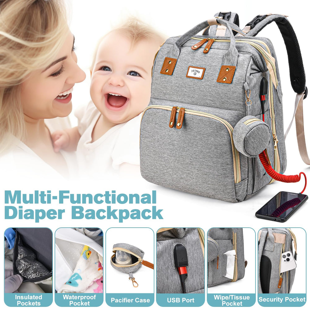 JSTPRO diaper bag backpack grey USB port area enables on-the-go device charging.