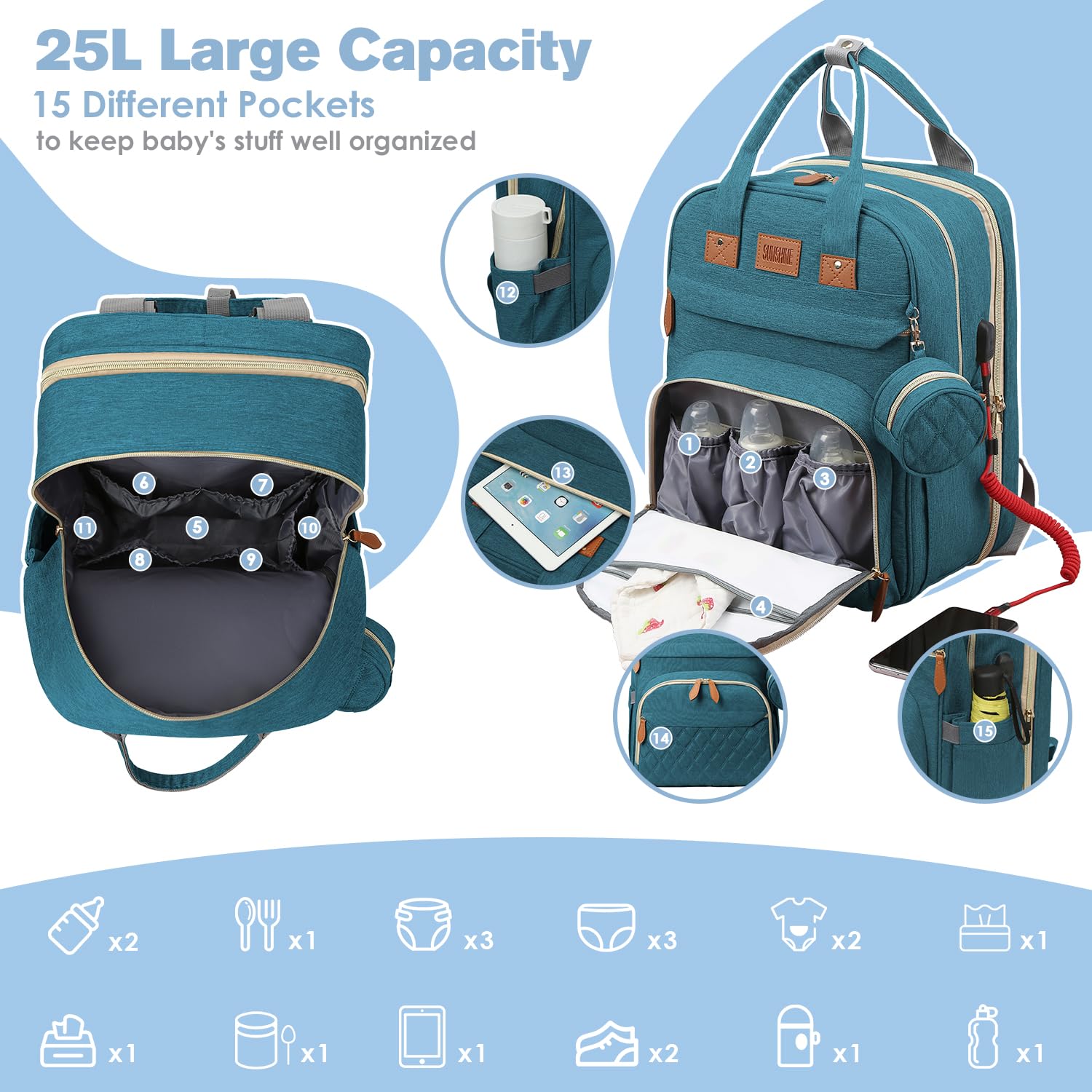 JSTPRO diaper bag backpack insulated bottle pockets preserve baby's warm beverages.