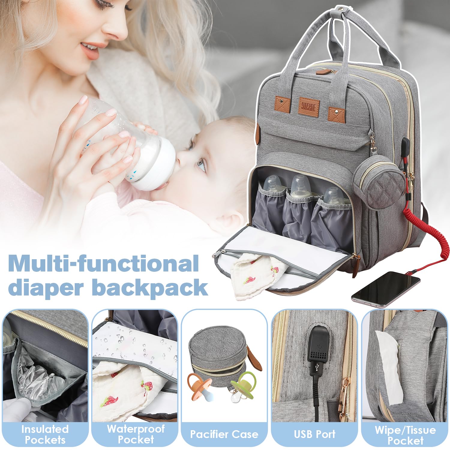 JSTPRO diaper bag backpack USB port image suggests convenient device charging
