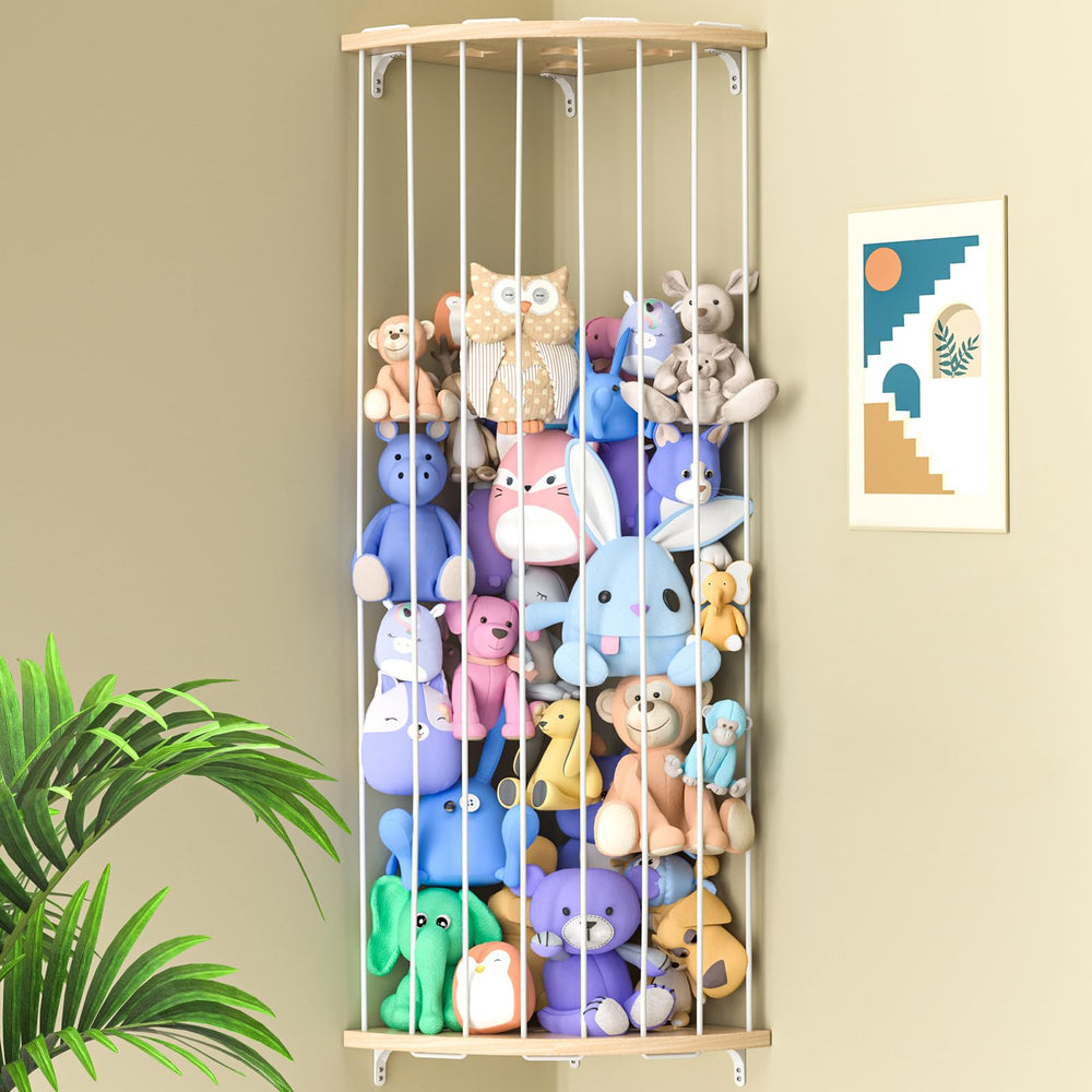 Jtksfcl stuffed animal storage in wood corner keeps toys neatly organized.