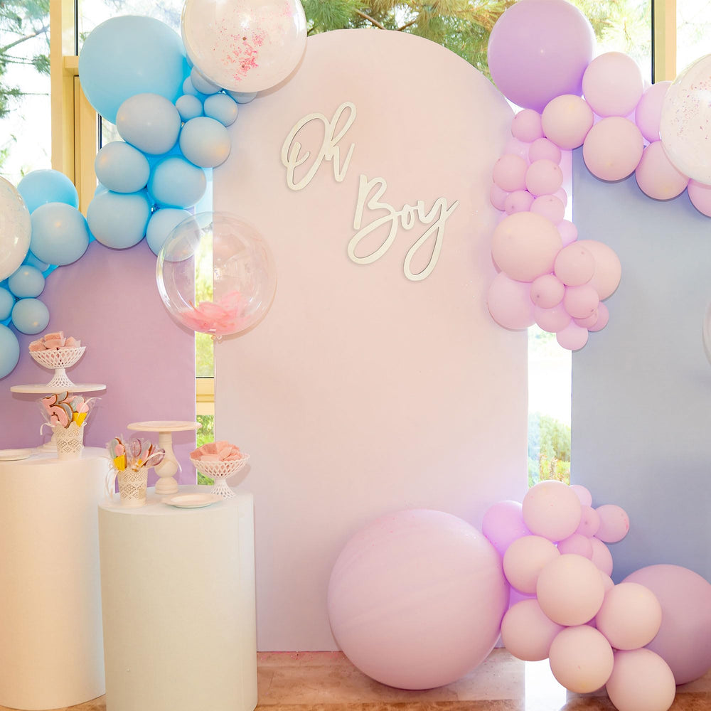 JTRF Oh Boy Sign frames gender reveal backdrop.