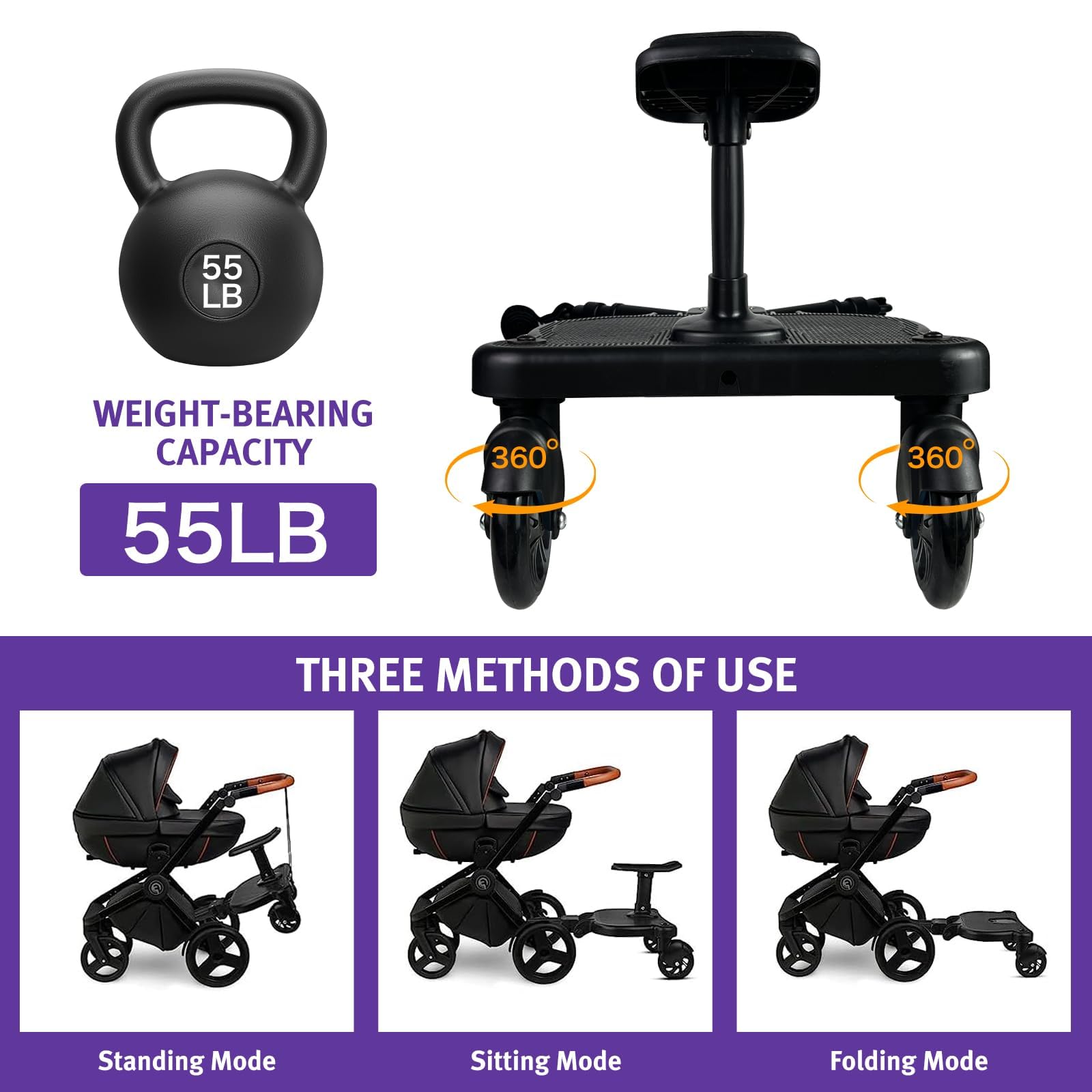 JUANWAN stroller board supports up to 55 lbs for growing kids.