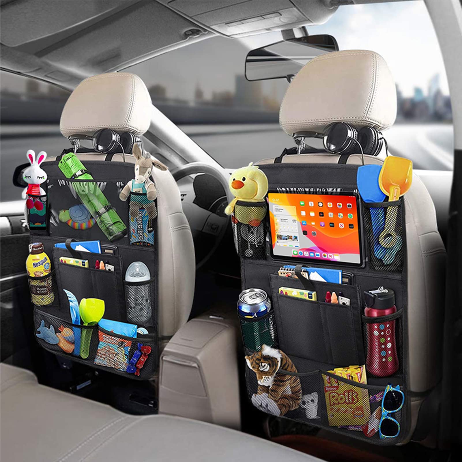 JUCAINHI eight pockets for toys and snacks within easy reach in car.