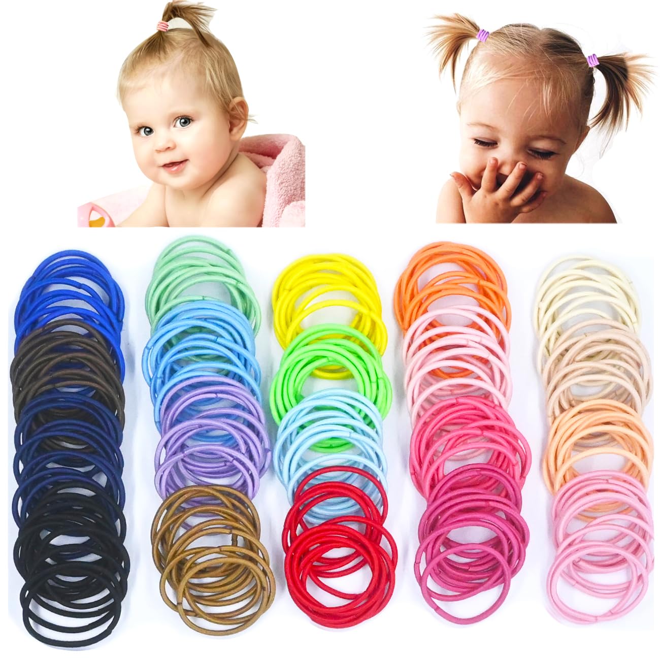 JUCCPUL baby hair ties 200-piece pack in bright colors for gentle toddler hairstyles.