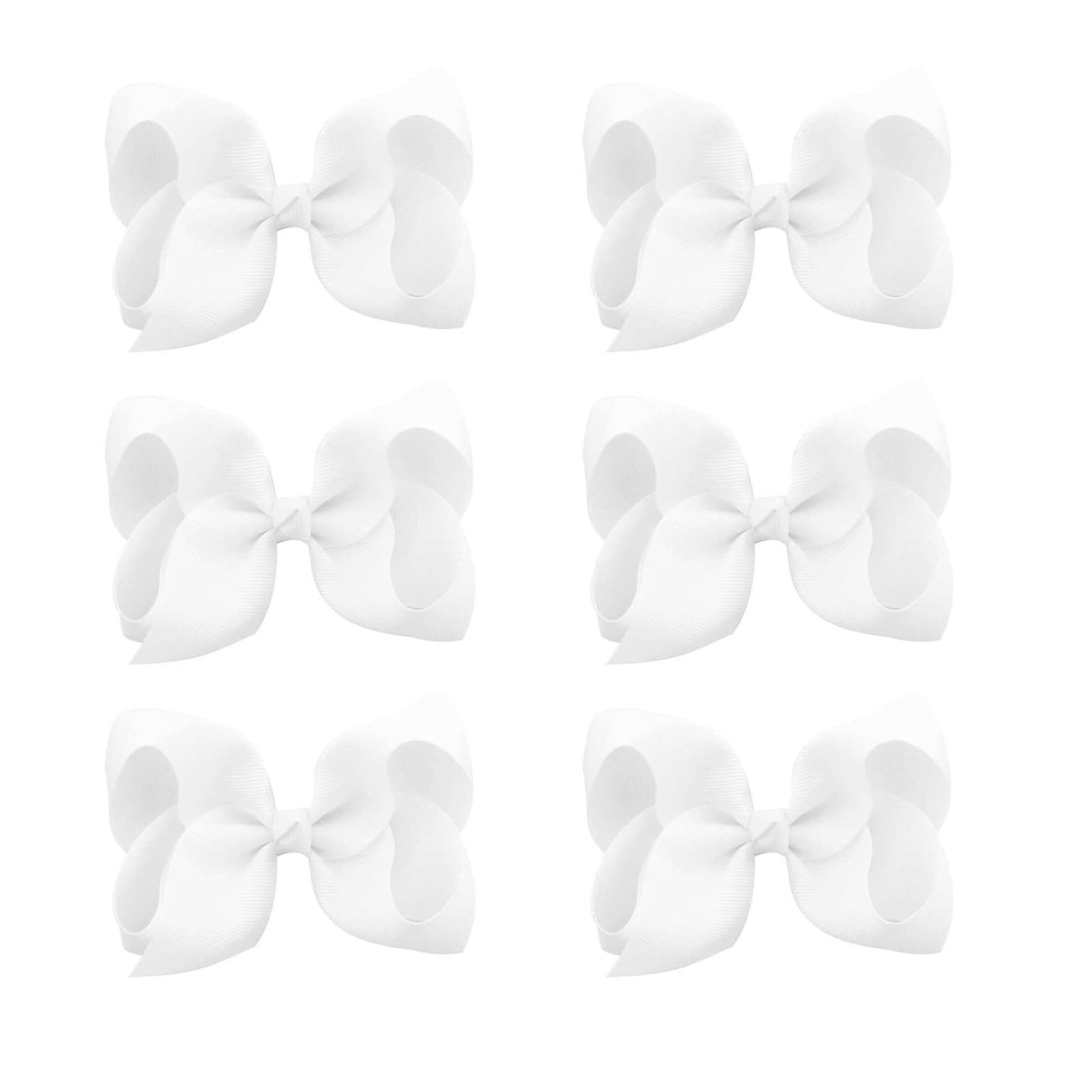 JUCCPUL 6pcs hair bows close-up shows white grosgrain ribbons with secure clips for tidy hairstyles.