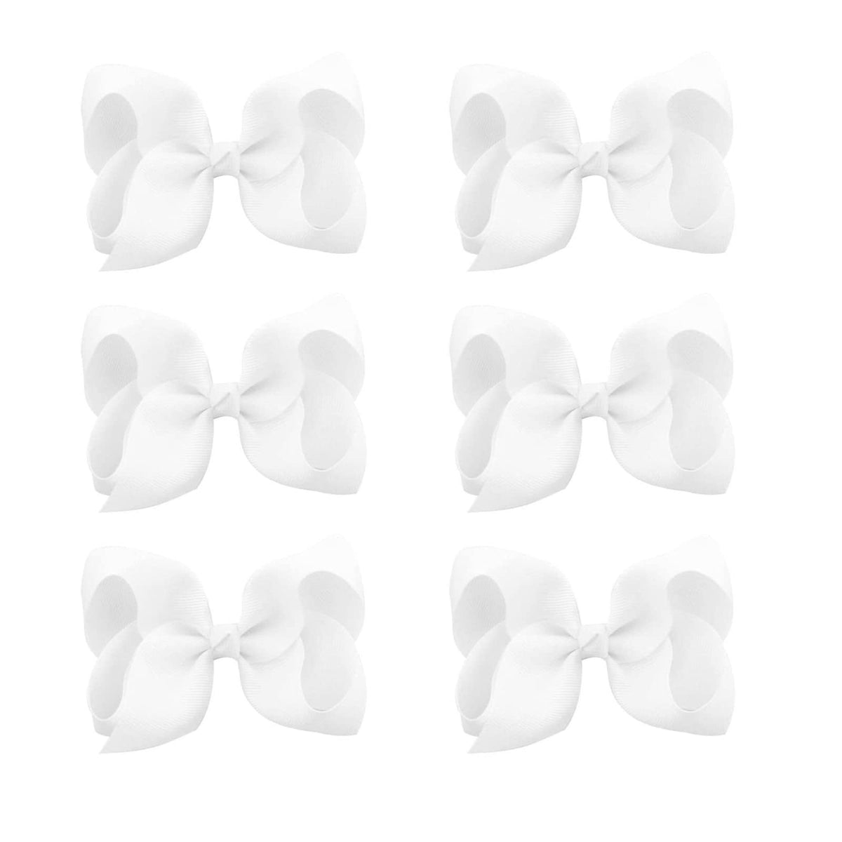 JUCCPUL 6pcs hair bows close-up shows white grosgrain ribbons with secure clips for tidy hairstyles.