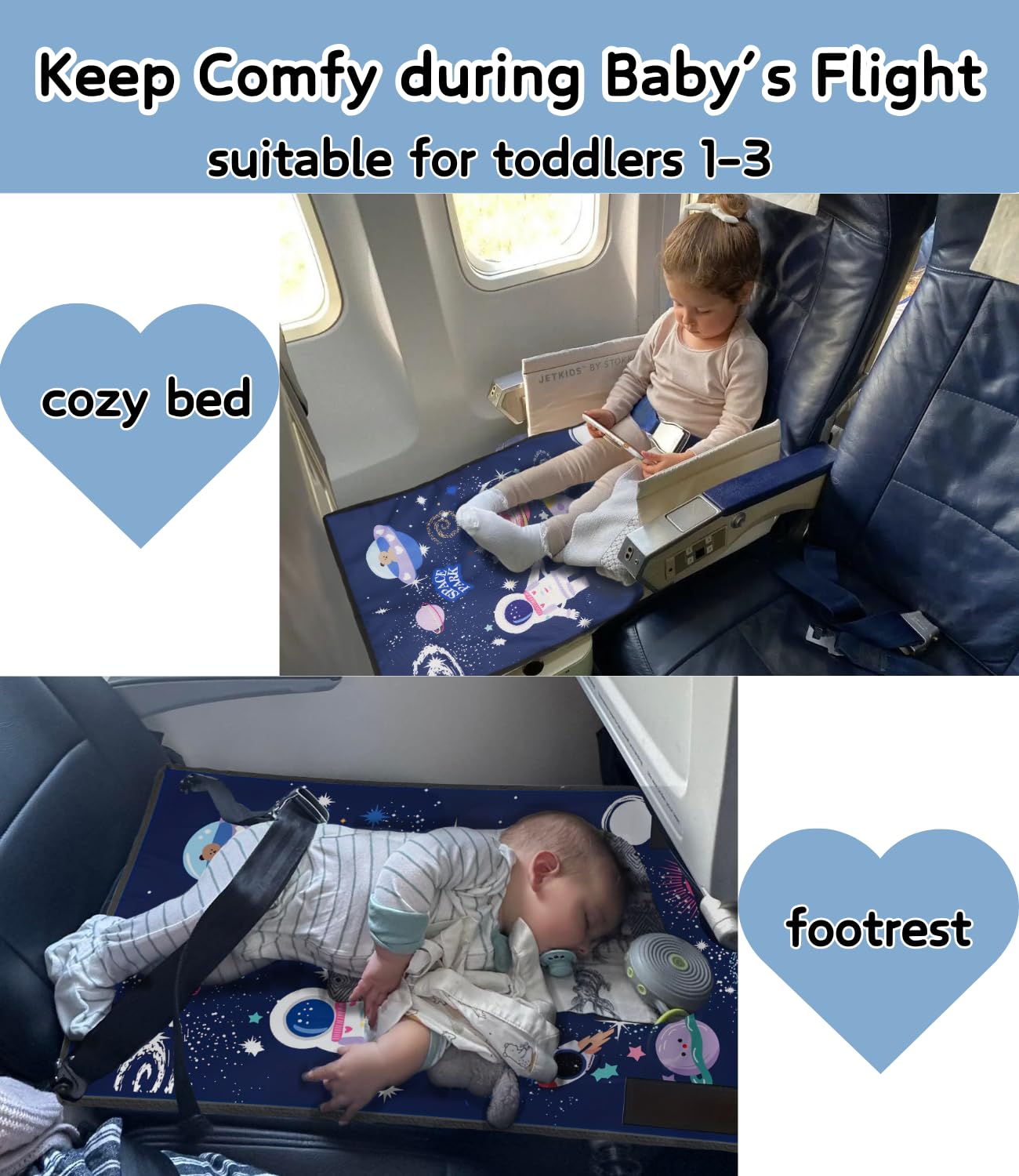JUELWRY airplane seat extender in blue offers a safe foot-rest and extra comfort
