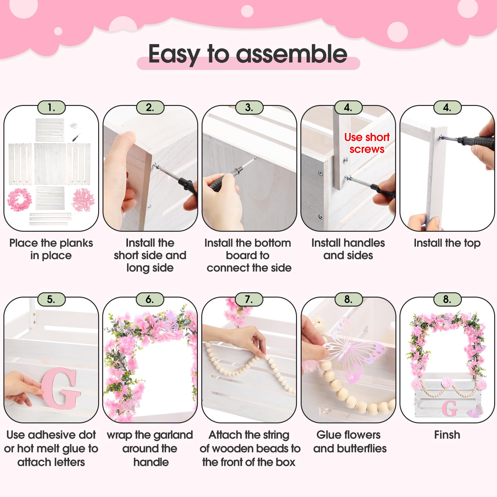 Beads, flowers, and butterfly accents from Juexica decorate the crate elegantly.