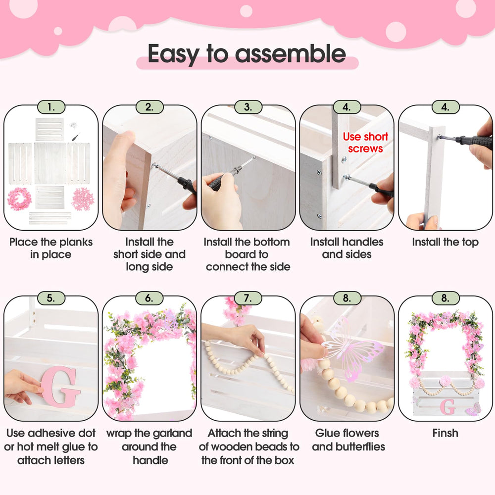 Beads, flowers, and butterfly accents from Juexica decorate the crate elegantly.