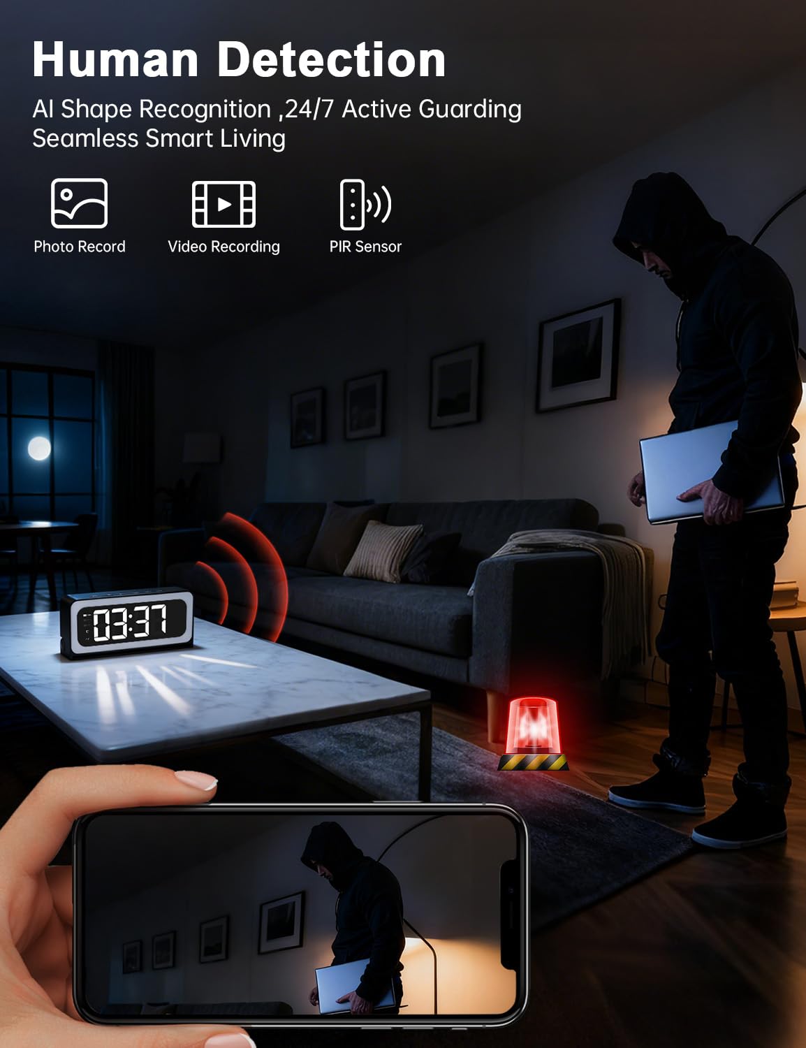 JUFLSKY Smart Clock Camera PTZ rotation captures wide room activity