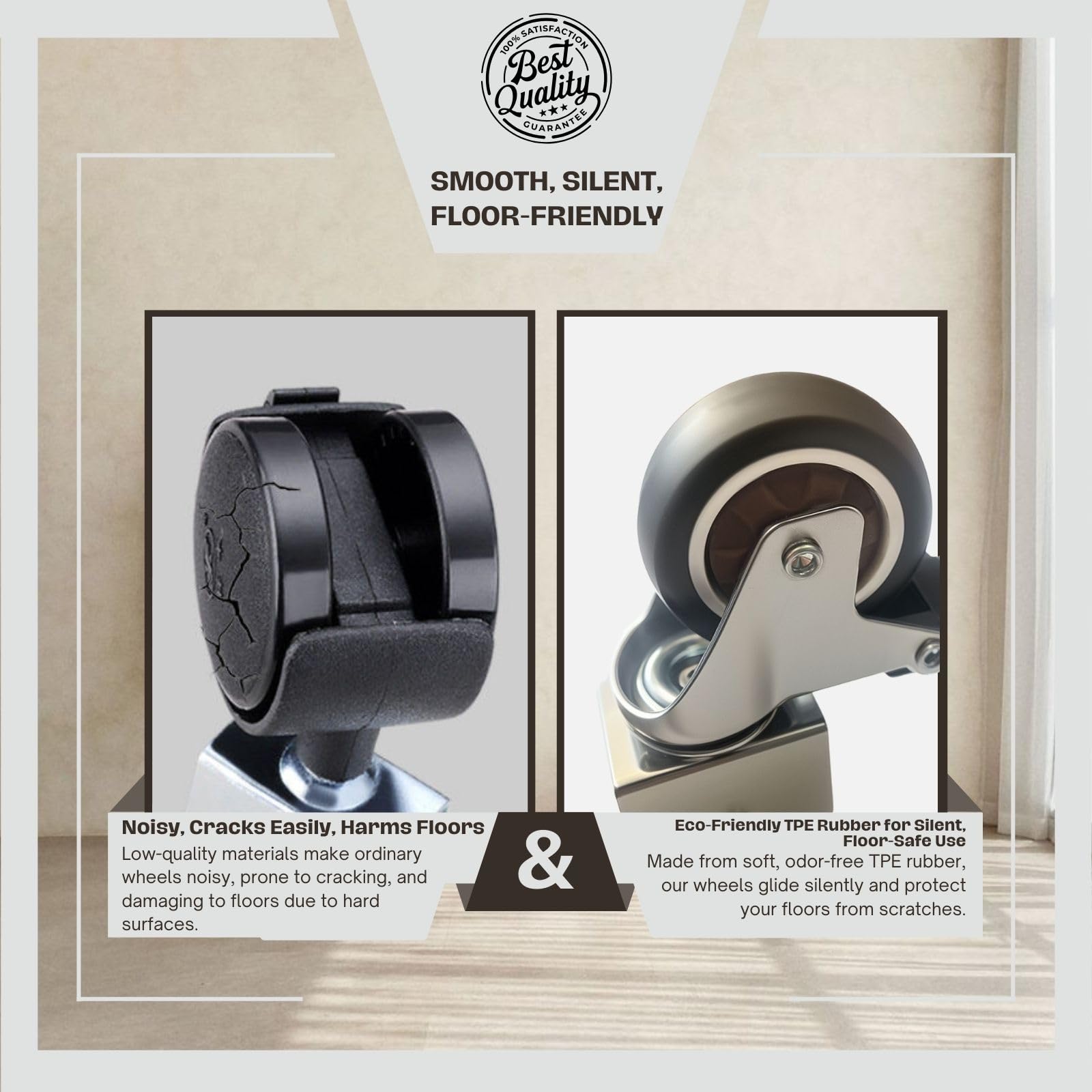 Juglok wheels protect floors while gliding across hardwood or tile