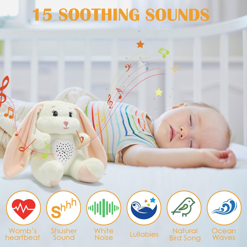JUHOT bunny with cry sensor activates calming sounds at night for midnight soothing.