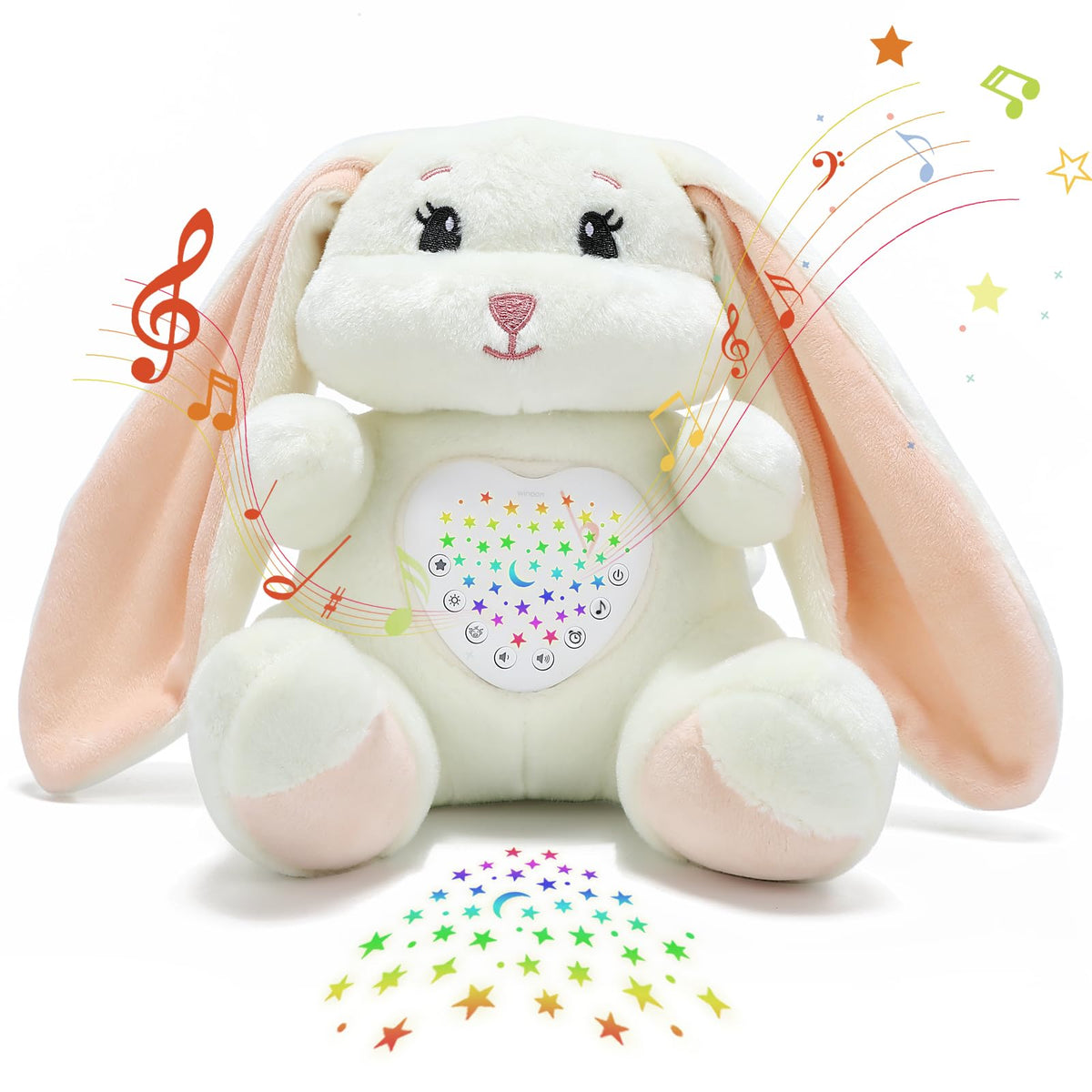 JUHOT baby sleep soother bunny front-view with plush cuddle and soft lighting for a gentle bedtime routine.