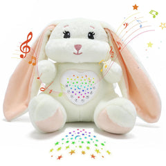JUHOT baby sleep soother bunny front-view with plush cuddle and soft lighting for a gentle bedtime routine.