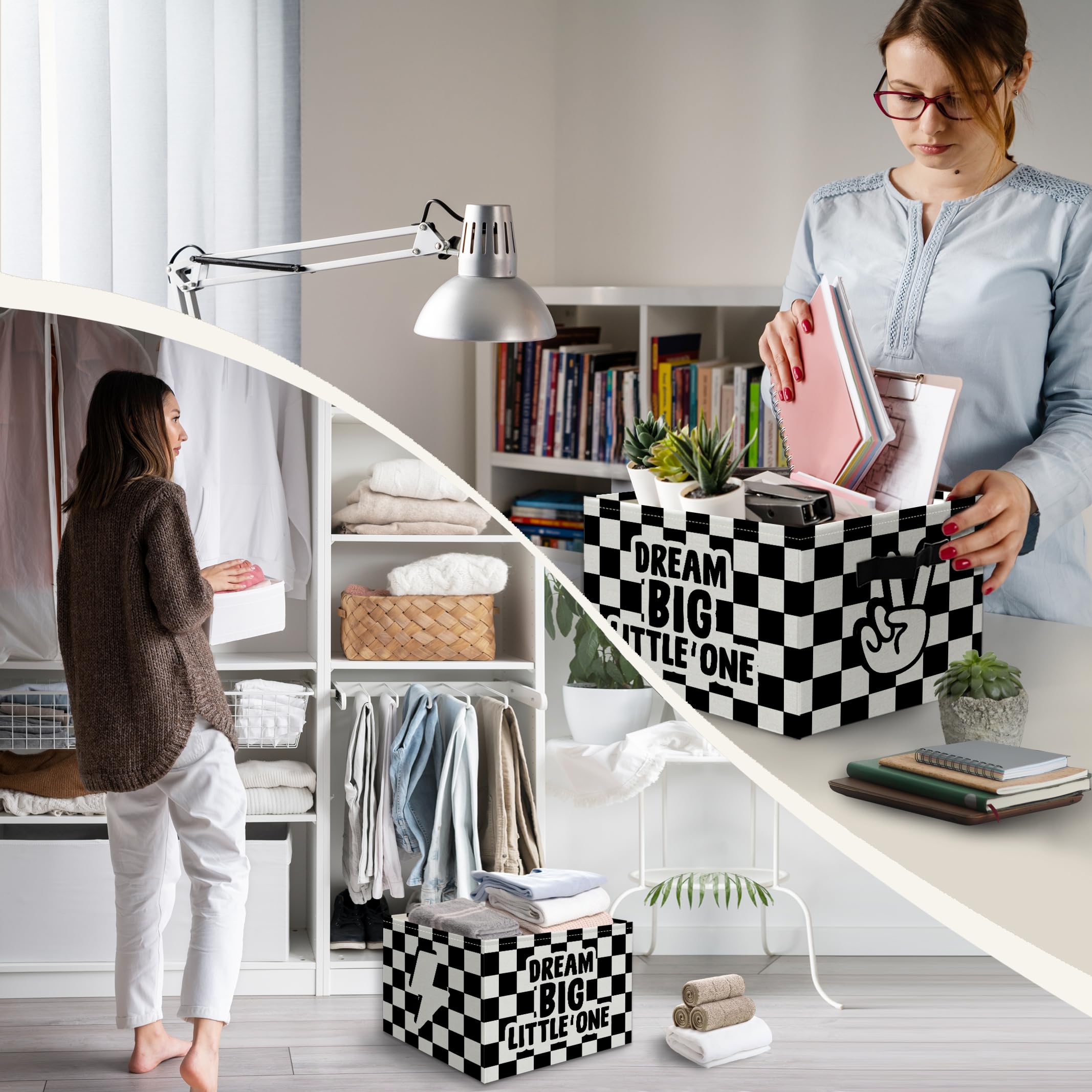 JUIOEIU Dream Big Little One bin checkered pattern on shelf for playful decor