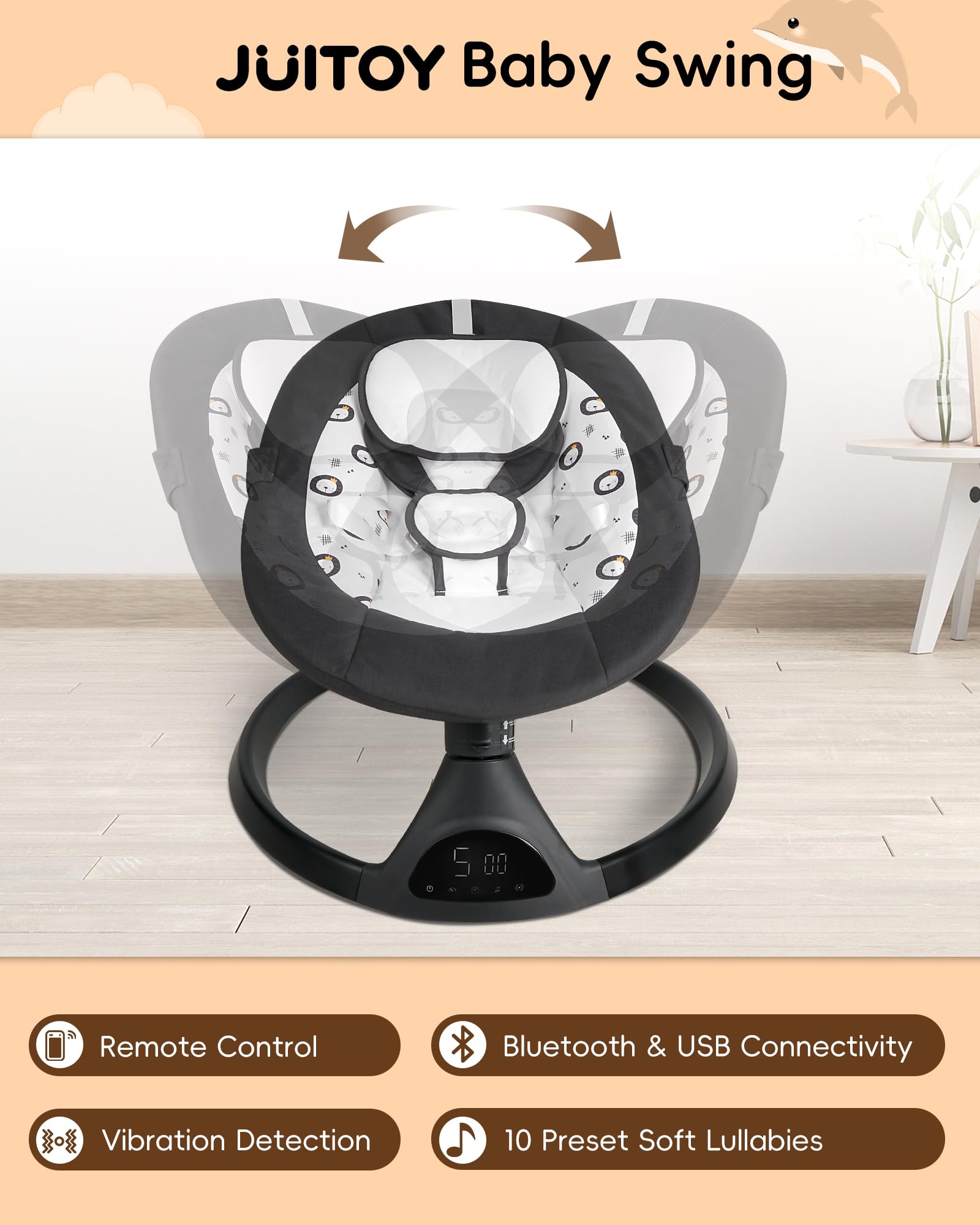 JUITOY baby swing backrest angles showing customizable comfort as baby grows.