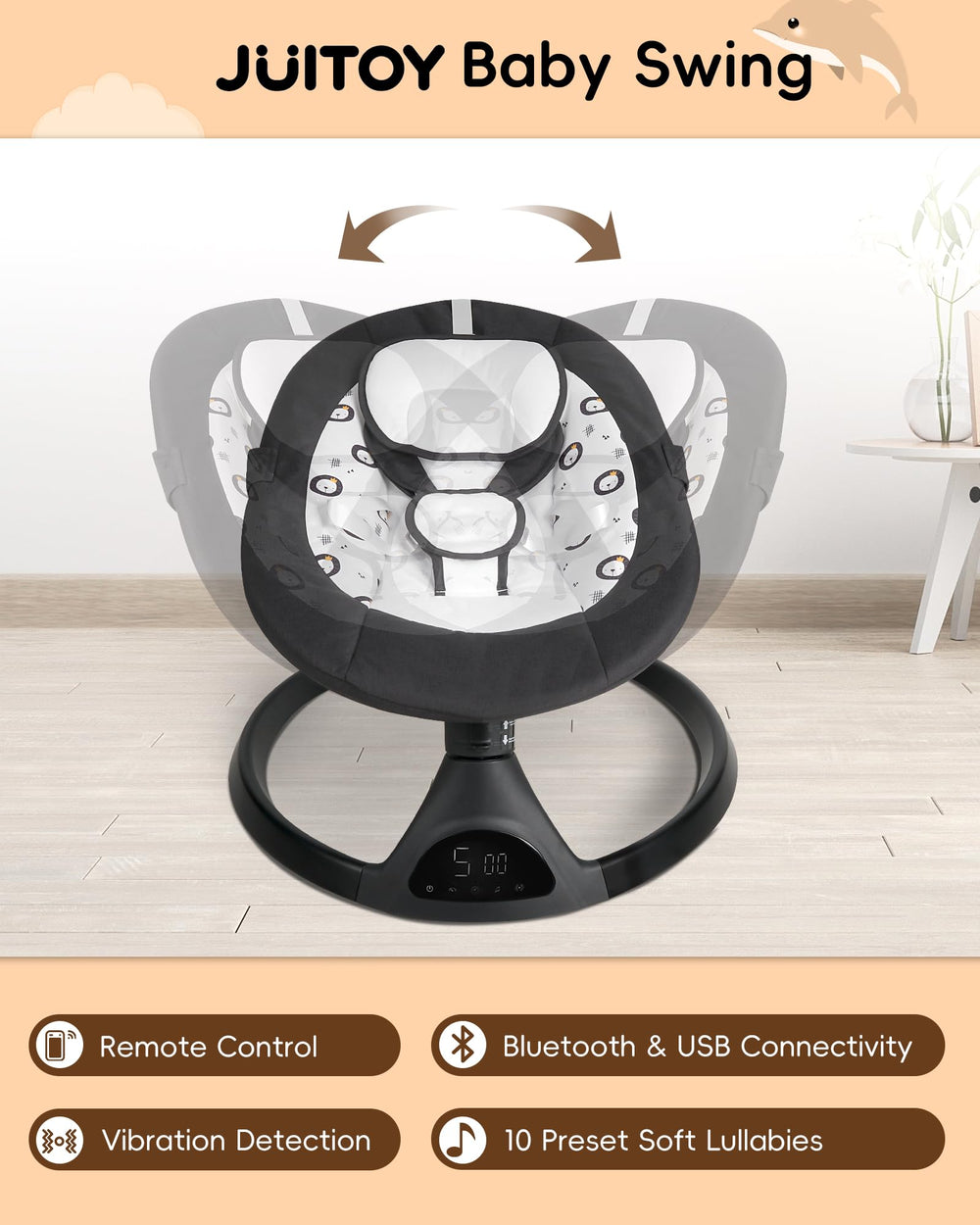 JUITOY baby swing backrest angles showing customizable comfort as baby grows.