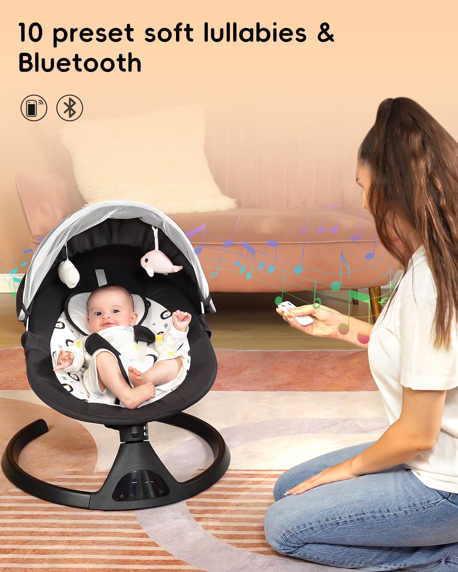 JUITOY baby swing cushions highlight removable machine-washable comfort.