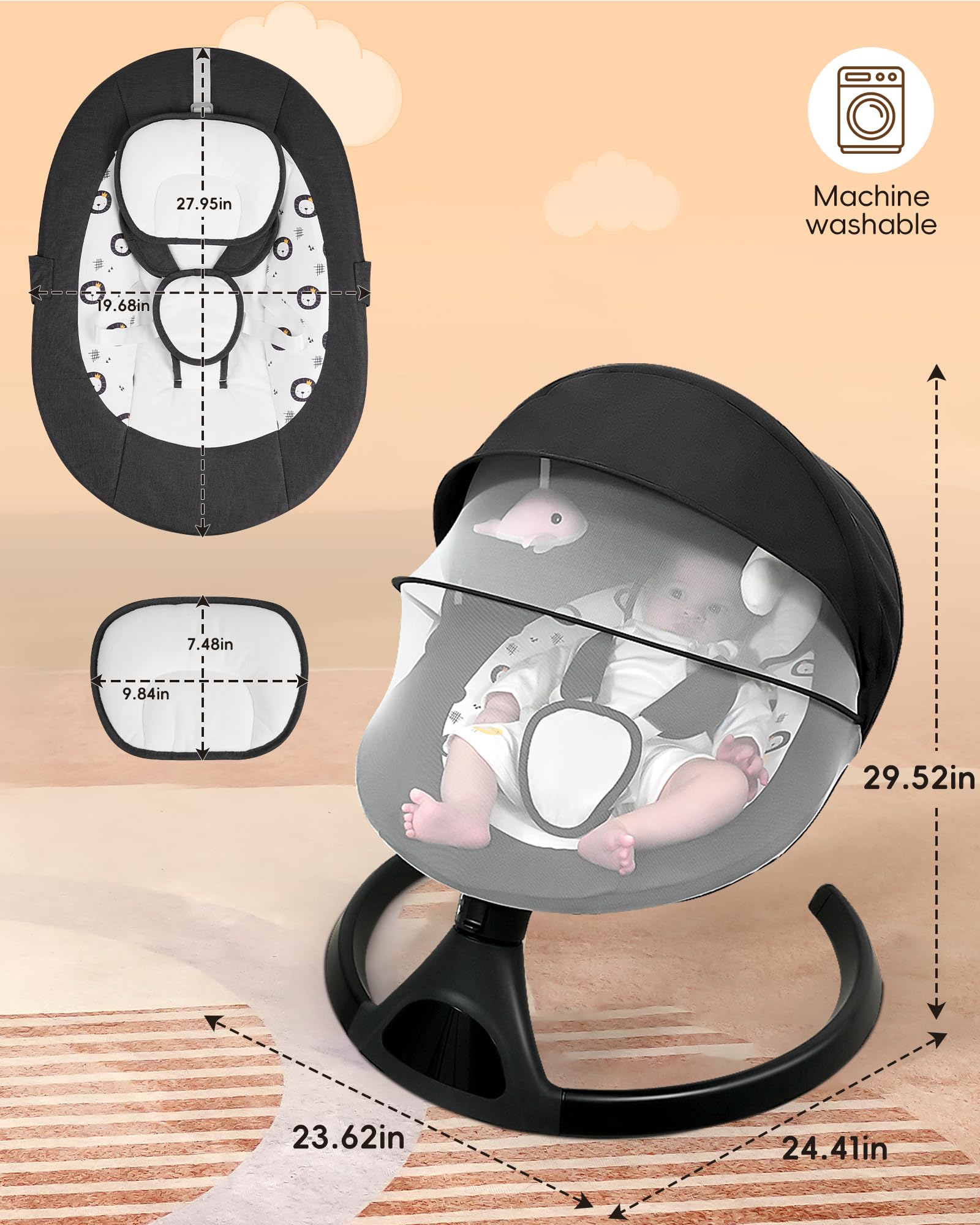 JUITOY baby swing mosquito net protects baby during outdoor moments.