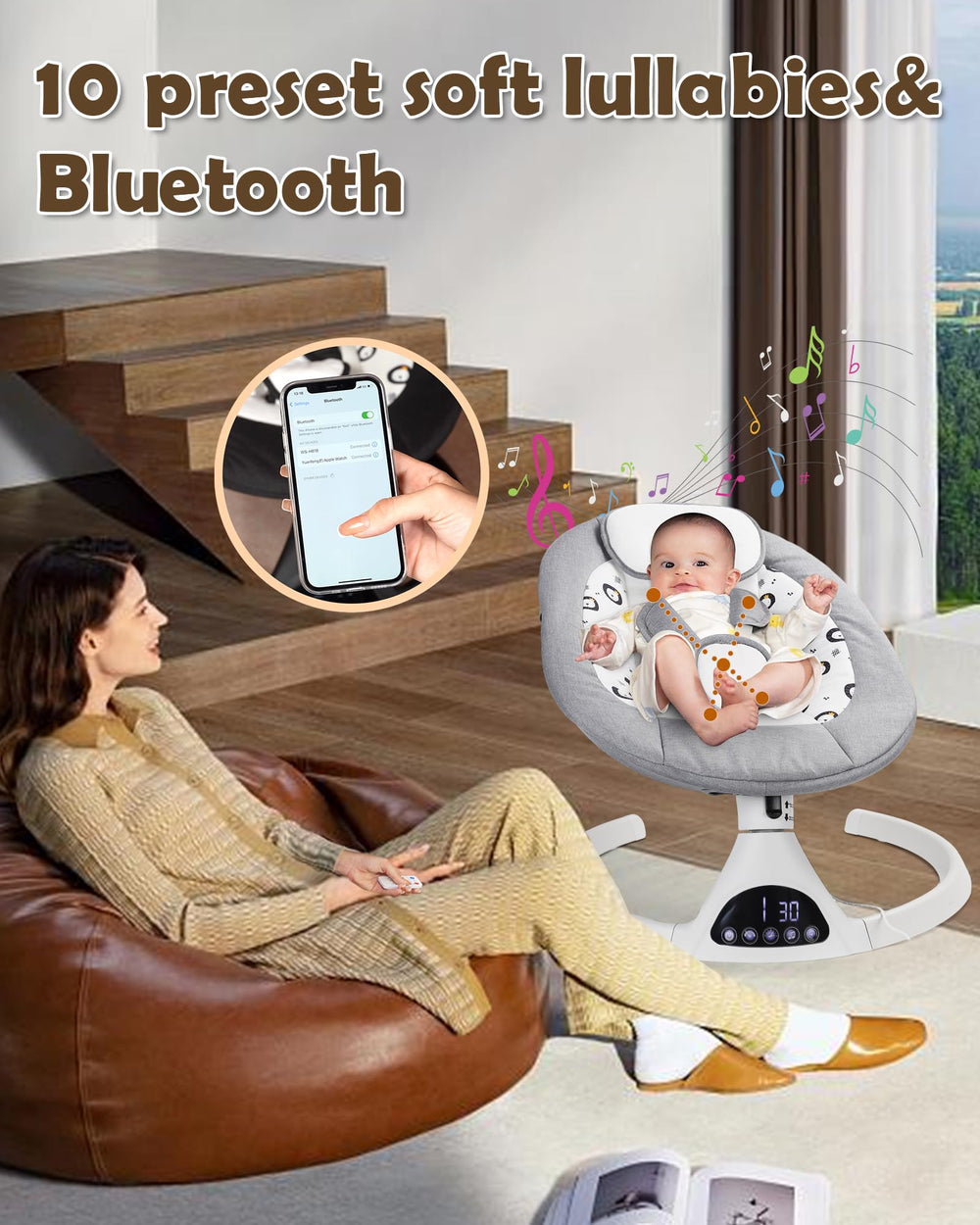 JUITOY electric baby swing gray five-point safety harness