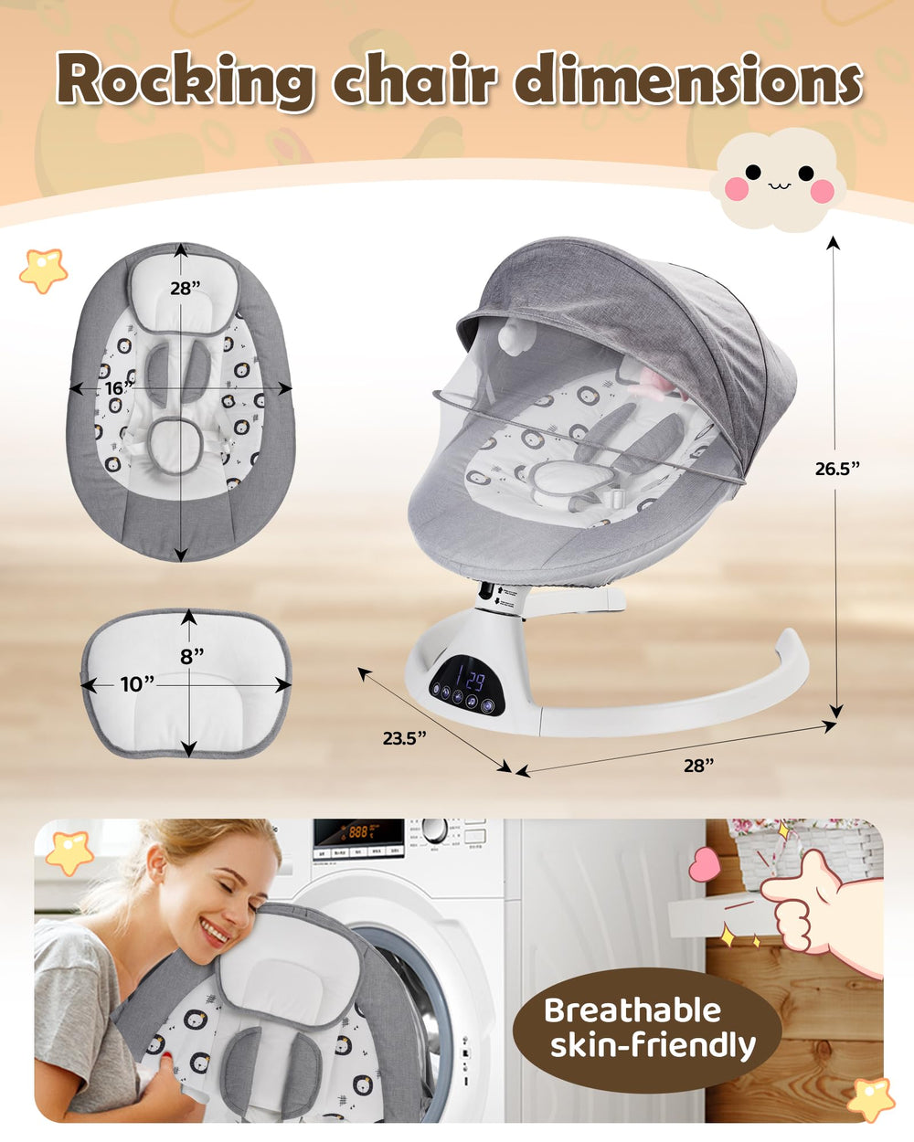 JUITOY electric baby swing gray removable cushion easy cleaning