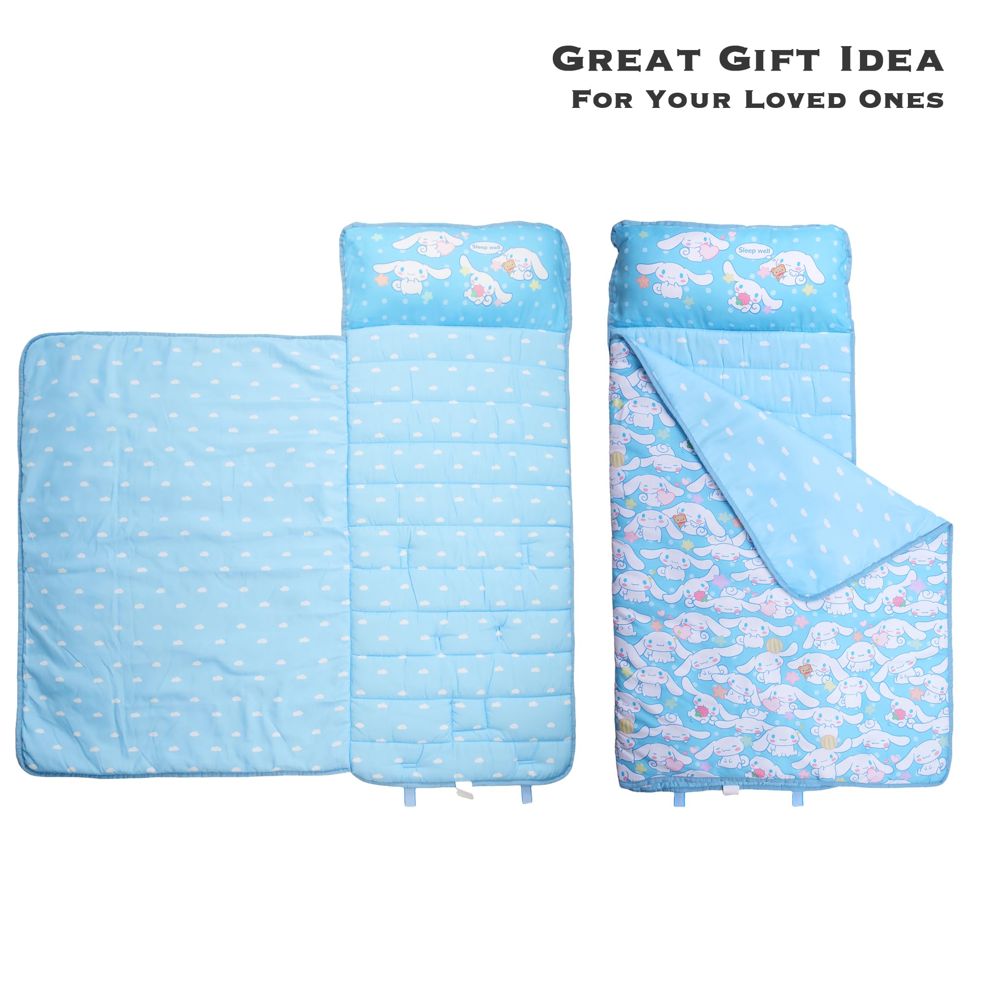 Juju Goods Juju Blue Kawaii Nap Mat desk-nap-time scene conveys home and daycare versatility.