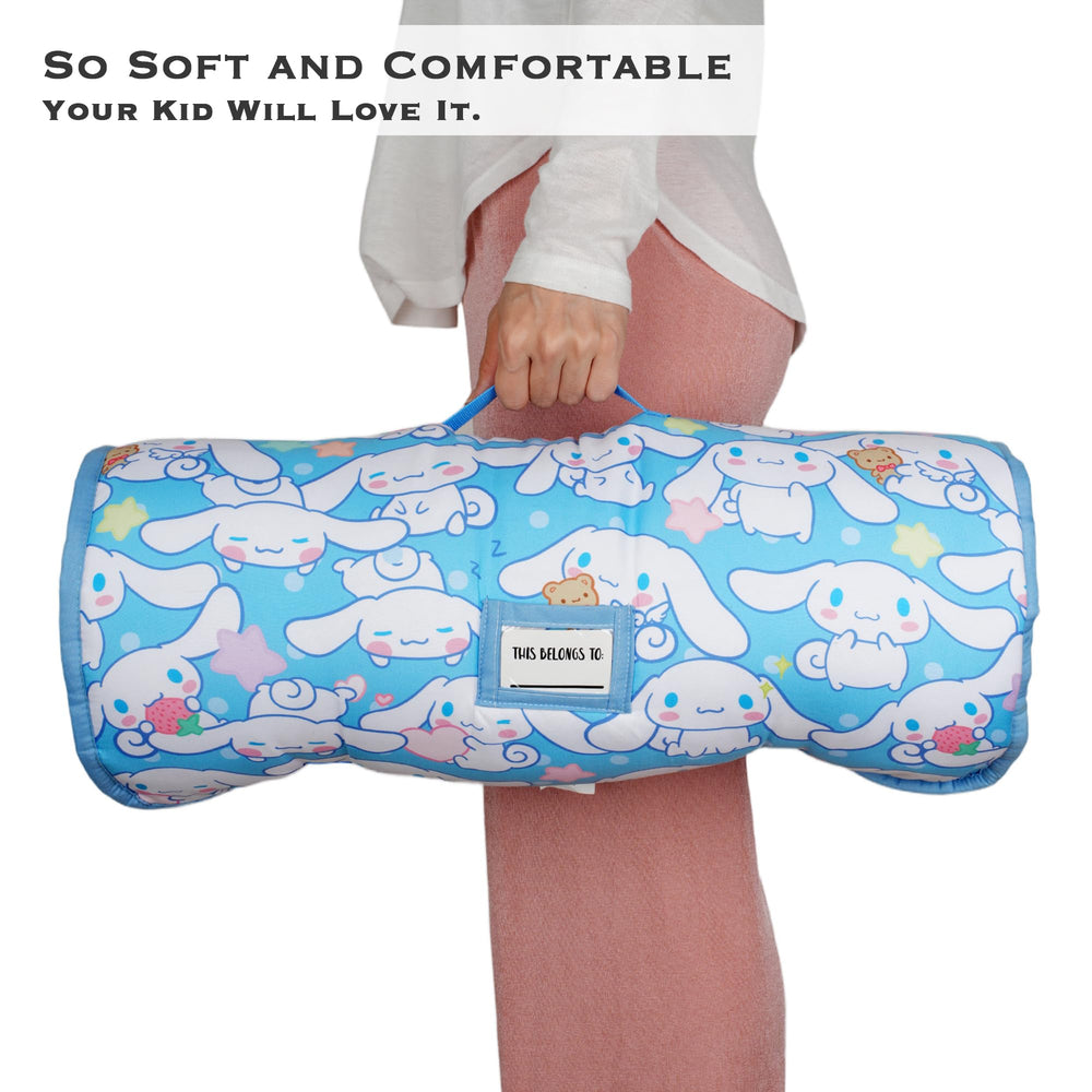 Juju Goods Juju Blue Kawaii Nap Mat rolled-and-carry demonstrates portable, easy storage for travel.