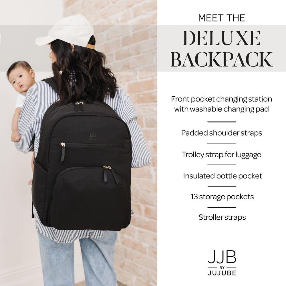 JuJuBe Deluxe Diaper Backpack pocket organization showing 13 pockets.
