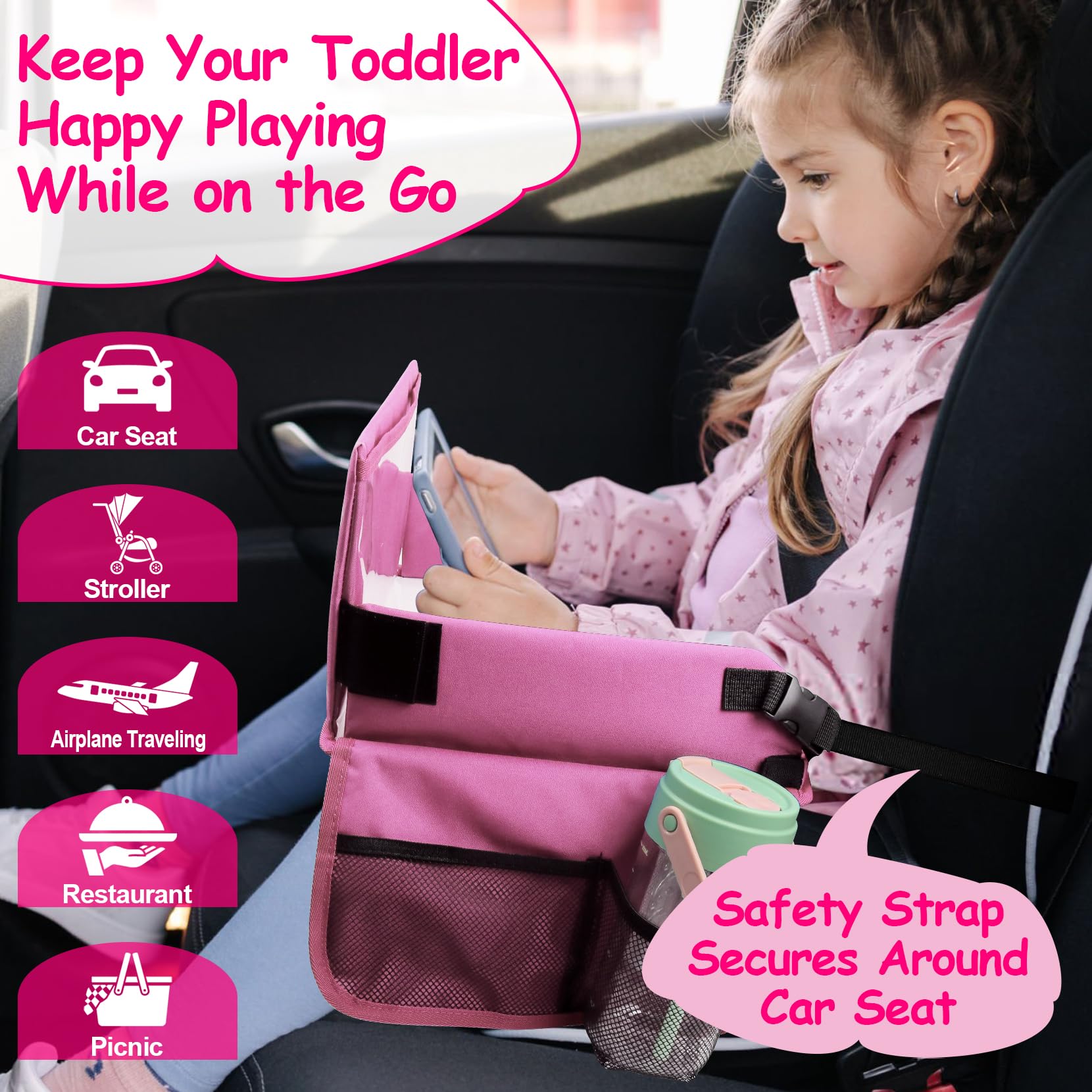 Julaiwy travel tray kids on road keeps toys and snacks within reach
