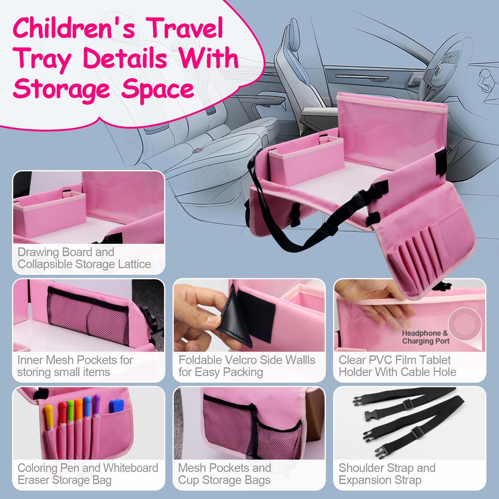 Julaiwy travel tray mesh pockets organize crayons and small toys