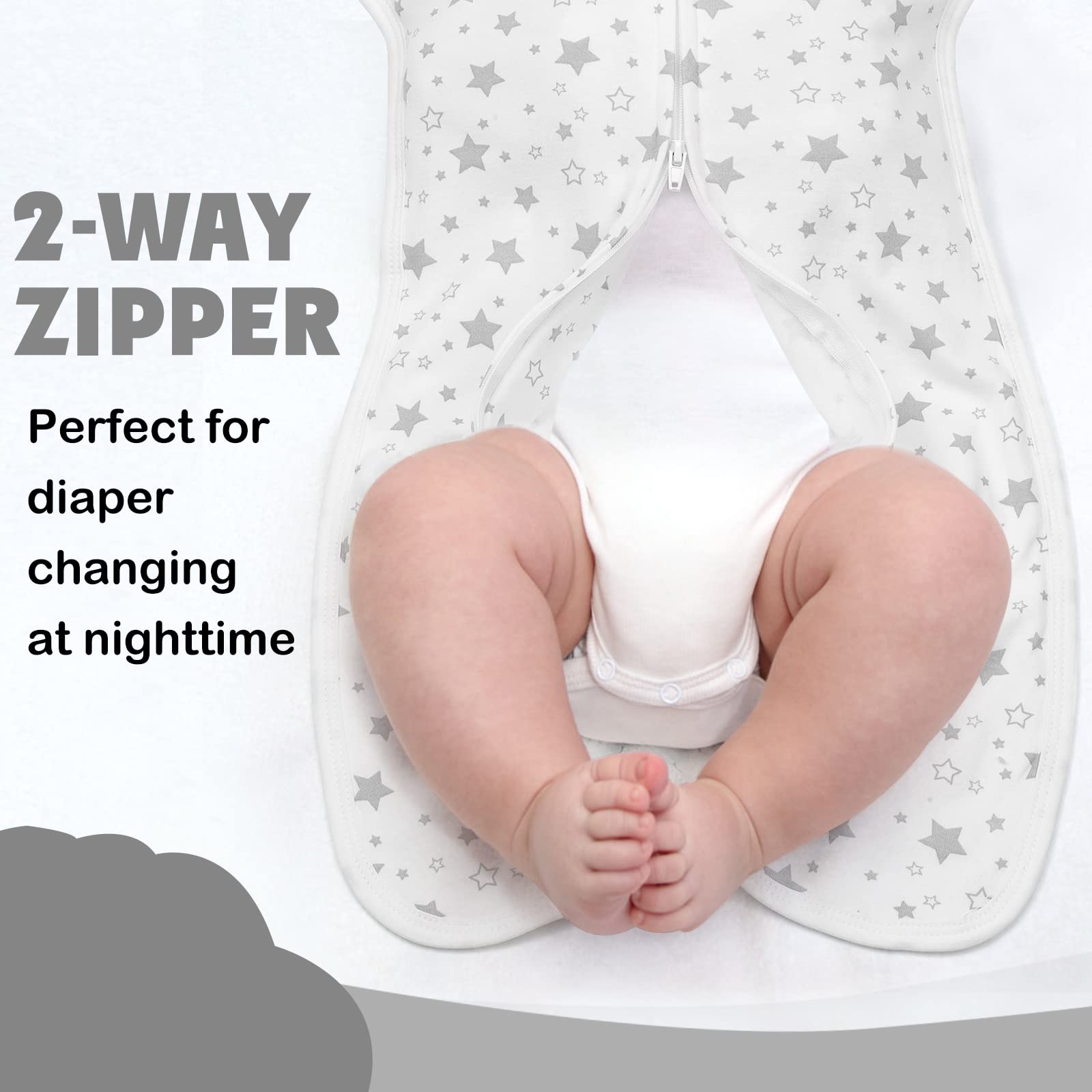 JULYFIRE swaddle shows zipper opening for quick diaper changes without fully undressing.