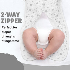 JULYFIRE swaddle shows zipper opening for quick diaper changes without fully undressing.