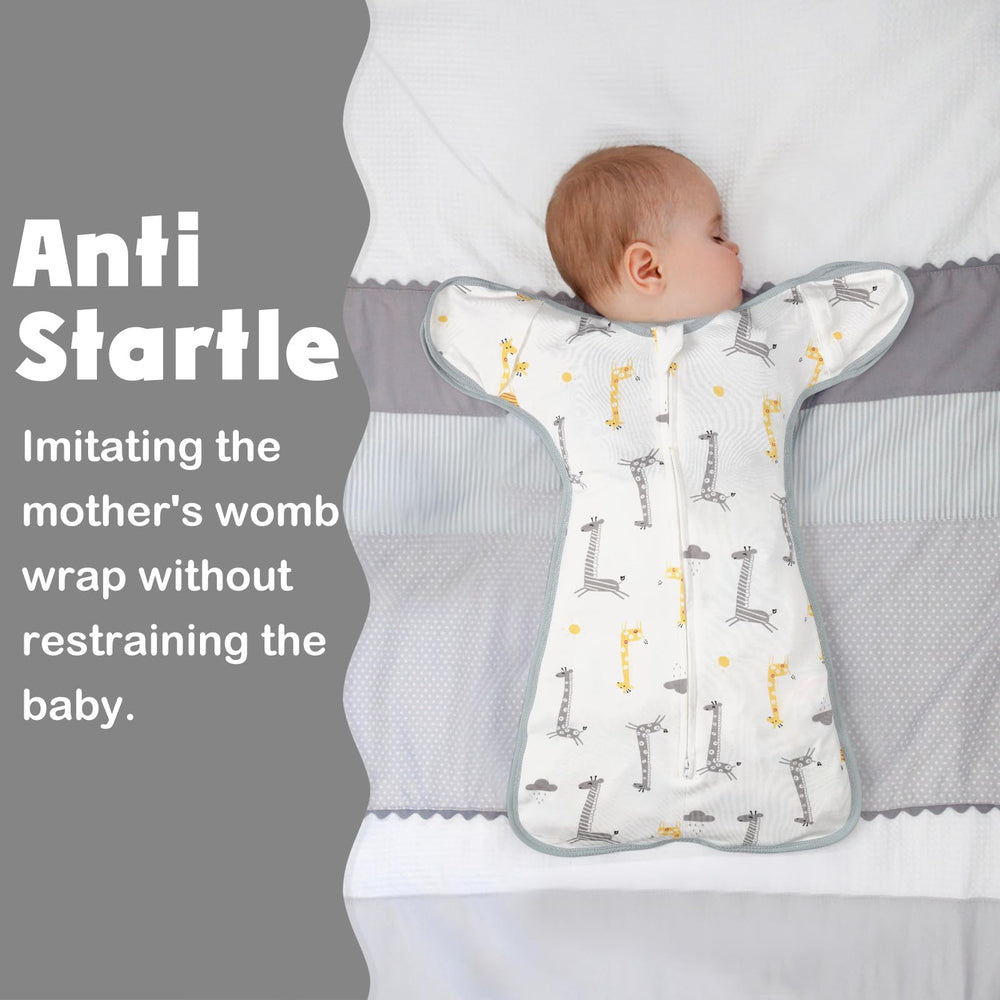 JULYFIRE arms-up swaddle shows baby sleeping with arms up in a comfy pose