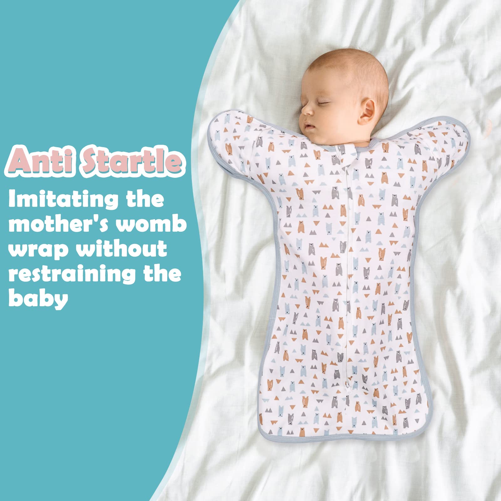 JULYFIRE transition swaddle with arm-out option and sleeve snaps aids growing babies.