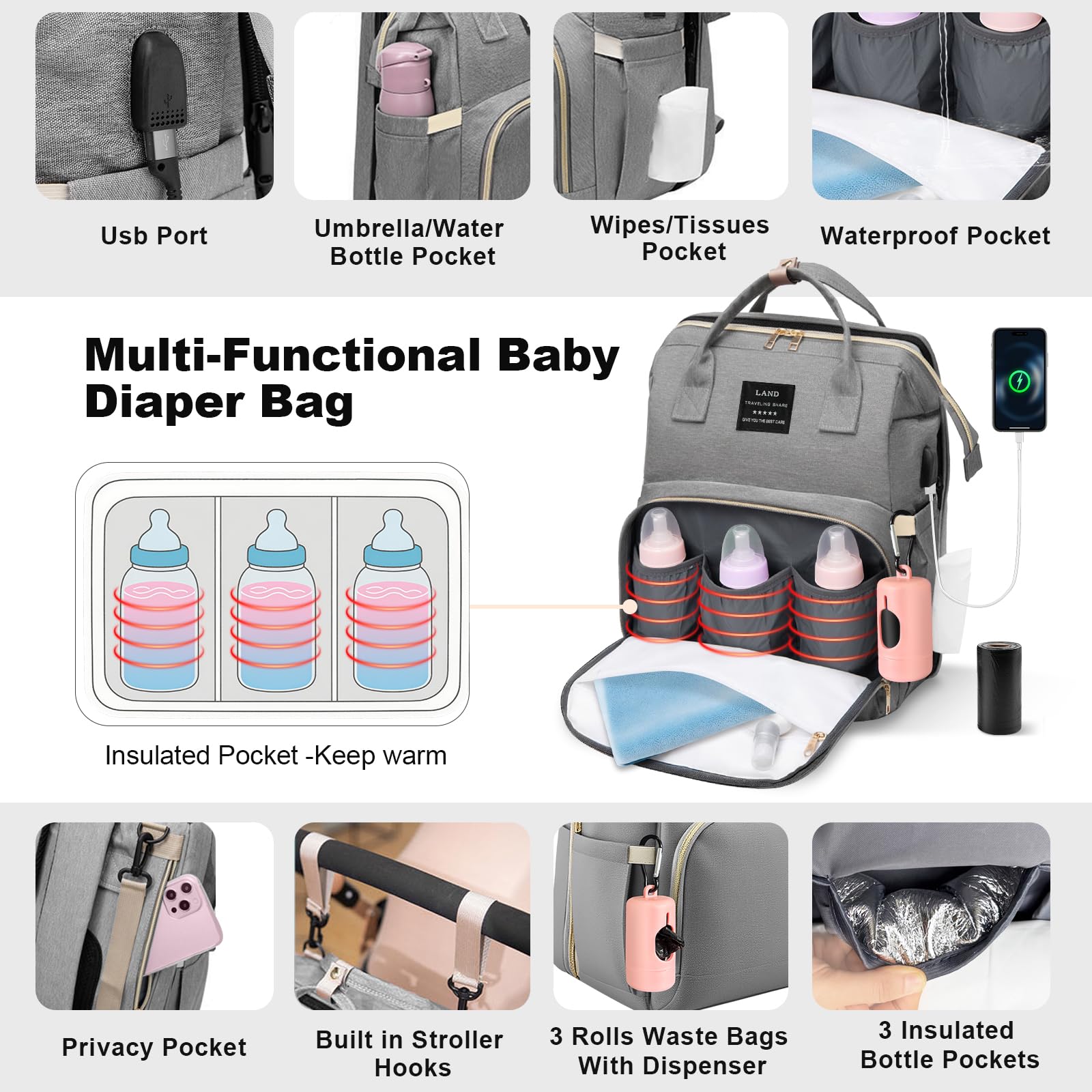 juman diaper bag backpack detachable toy-arch with hanging toys entertains baby during trips