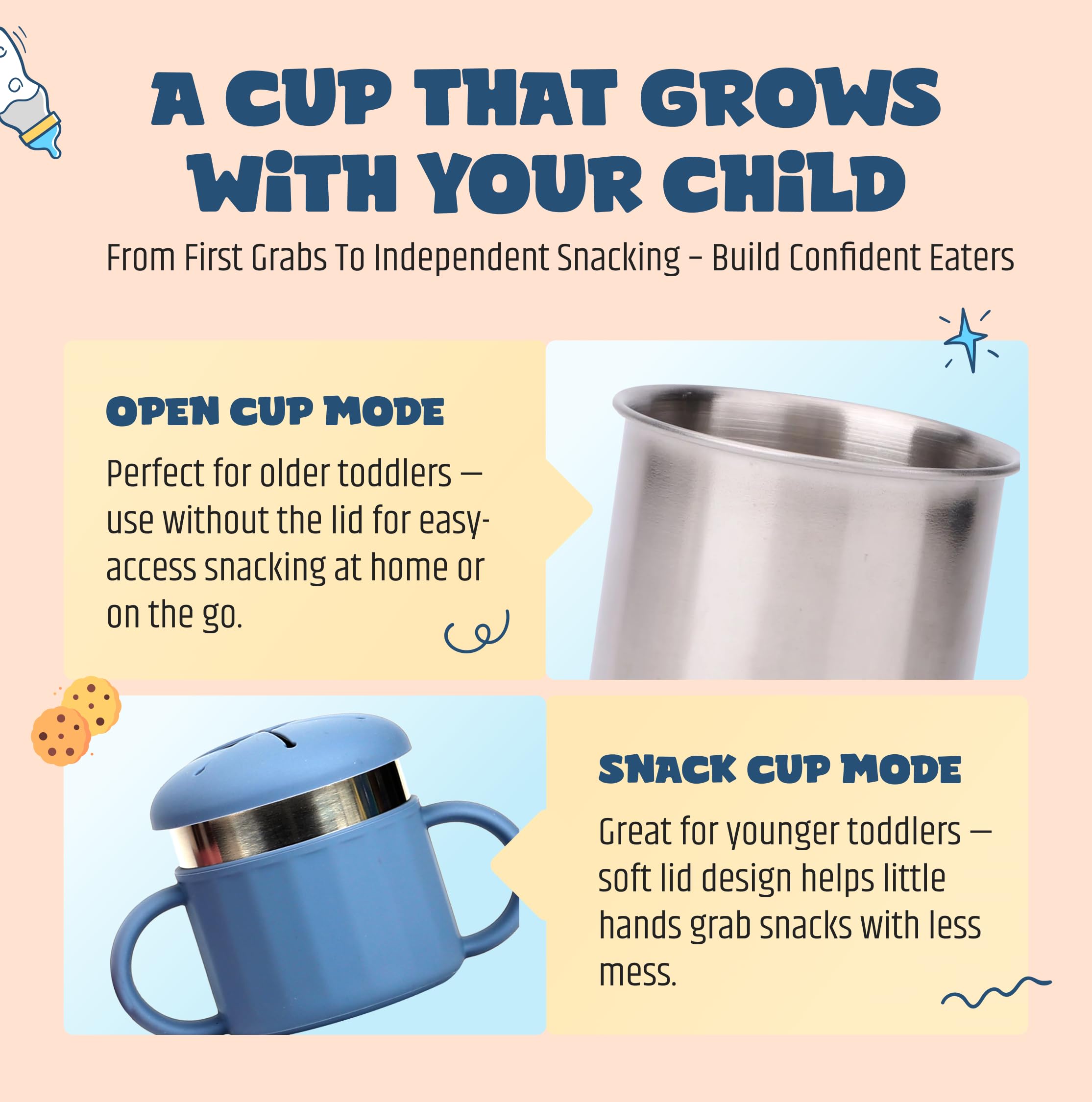 Jumble Dream baby snack cup safety features emphasize BPA-free materials and food-grade steel.